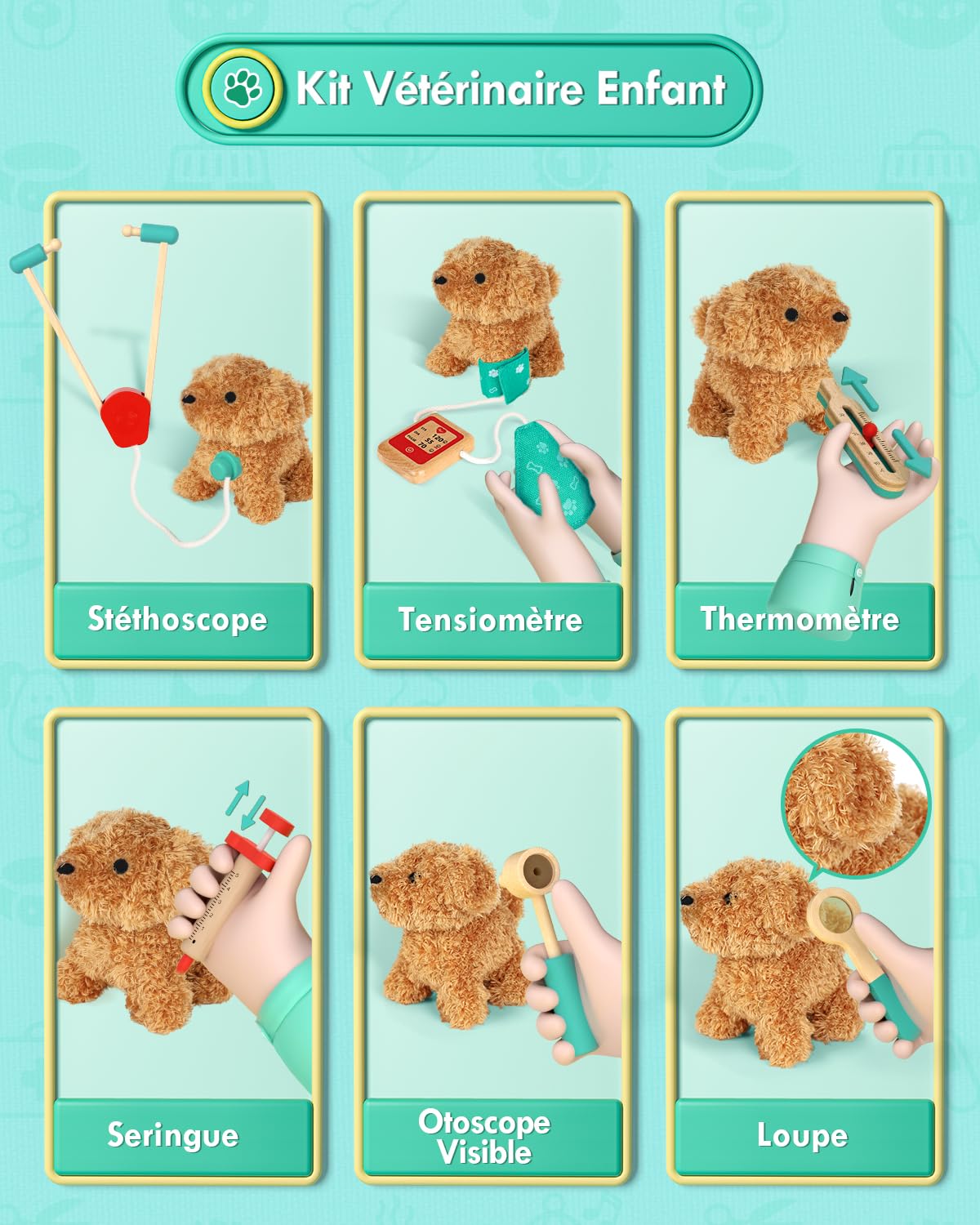 Malette Docteur Enfant, Vétérinaire Enfant en Bois, Malette Docteur avec Chien la Peluche, Jouet Fille 3 Ans(Vert)