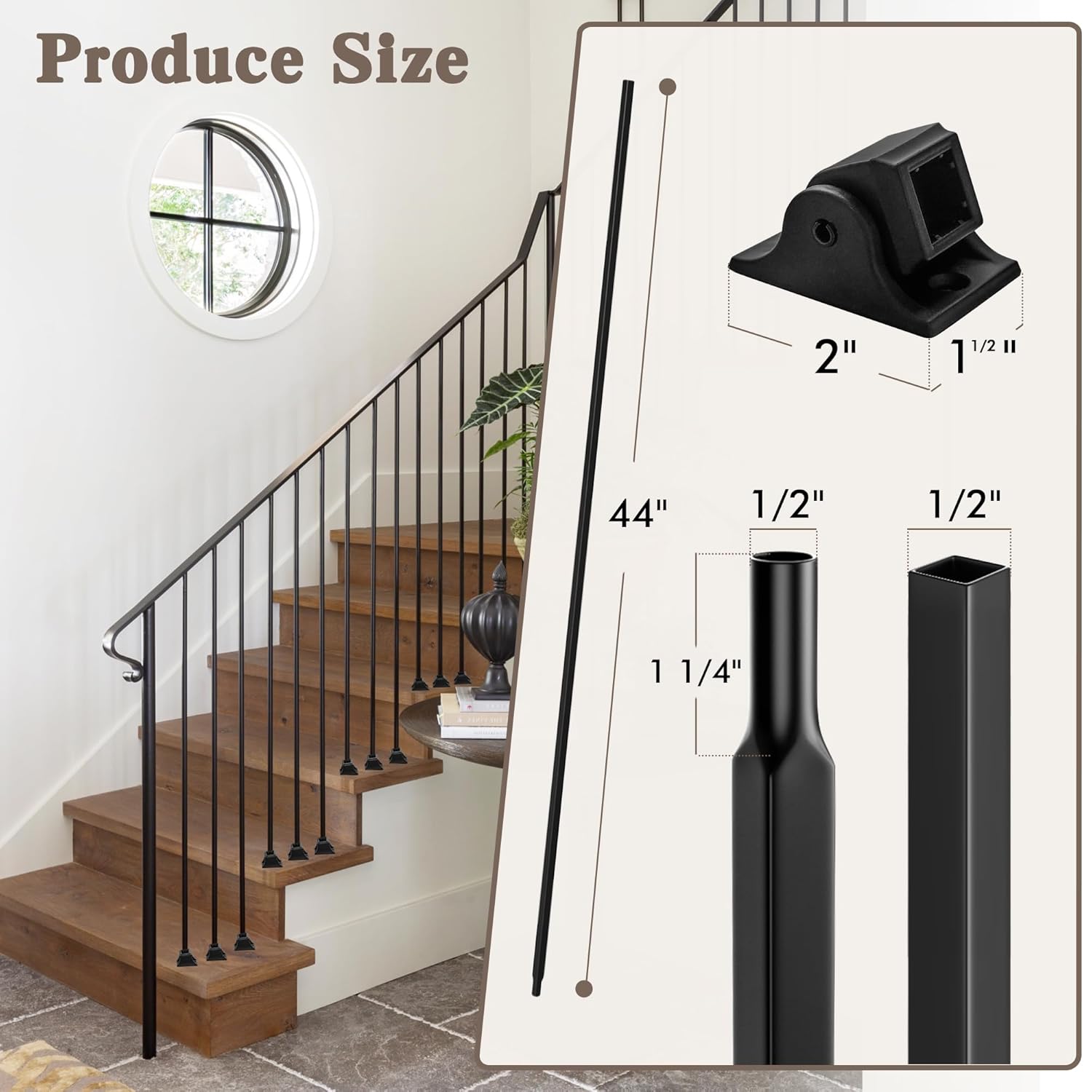30 pcs wrought iron balusters for staircase, 1/2" x 44" hollow straight iron spindles deck balusters with 60 fixed swivel shoes, deck railing for indoor stairs - matte black square design 30