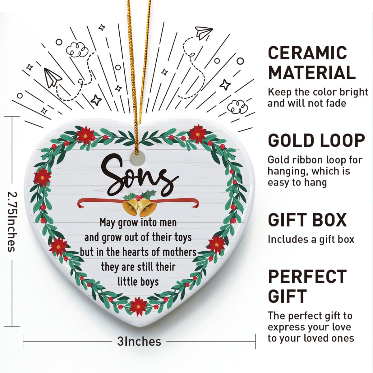 Christmas Ornament Gifts for Son from Mom, Sons in The Hearts of Mothers, Christmas Tree Keepsake Ornaments Sign Gifts for Boys Children Kids Teens, Holiday Christmas Tree Decorations Ornaments