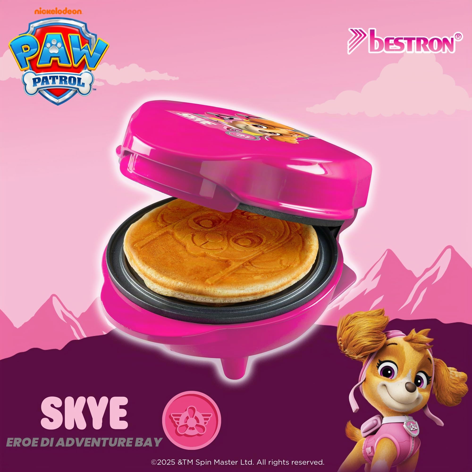Paw Patrol - Mini piastra per waffle con piastra speciale "Skye", dimensioni per waffle, diametro 10 cm, misura ideale per bambini, per compleanni o come regalo, prodotto con licenza ufficiale, colore
