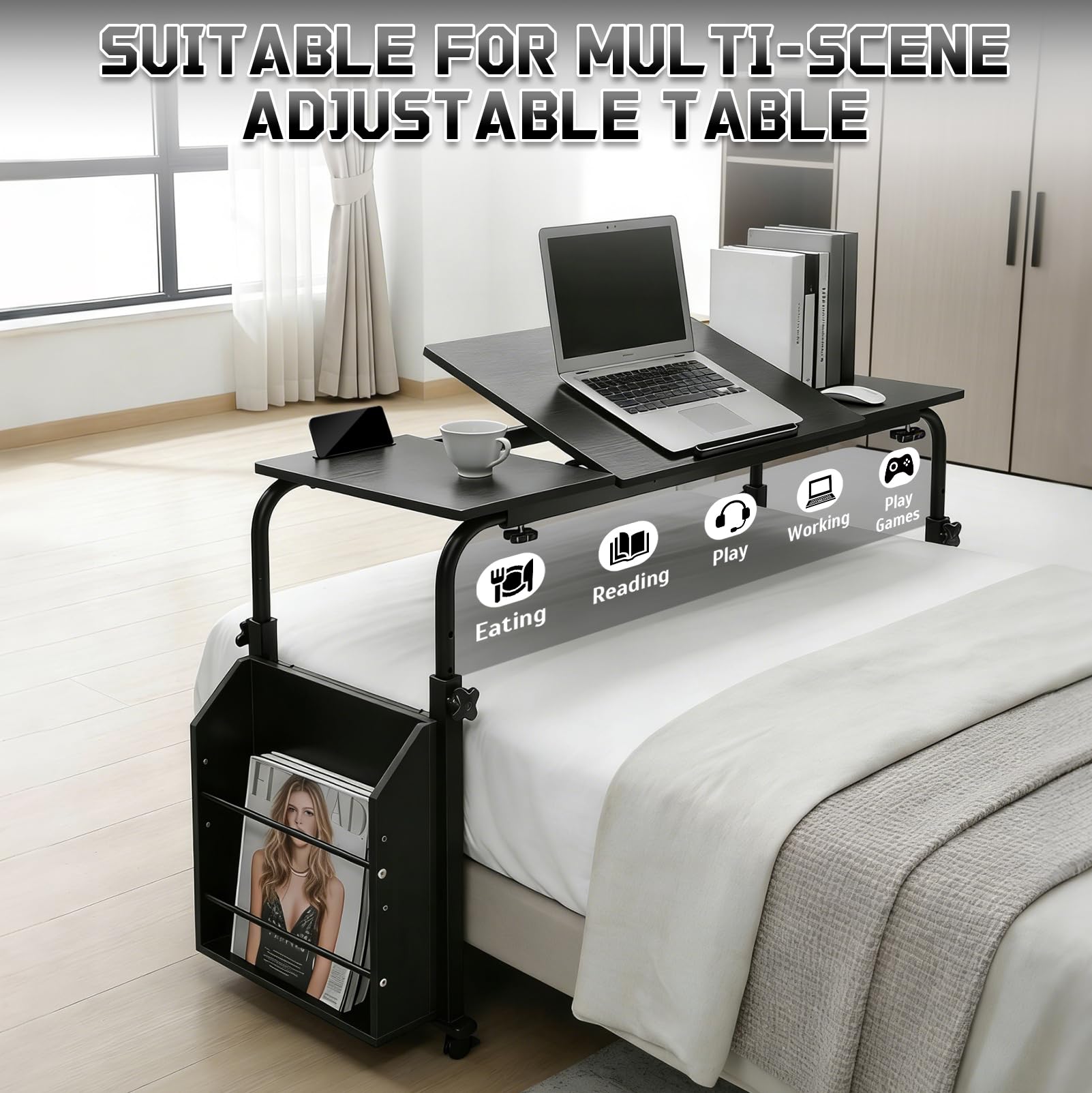 Mesa para cama superior con ruedas, mesa de aseo, altura regulable 60-90 cm, ancho ajustable 80-120 cm, con tablero inclinable y caja de almacenamiento, carrito portátil para cama, sofá u