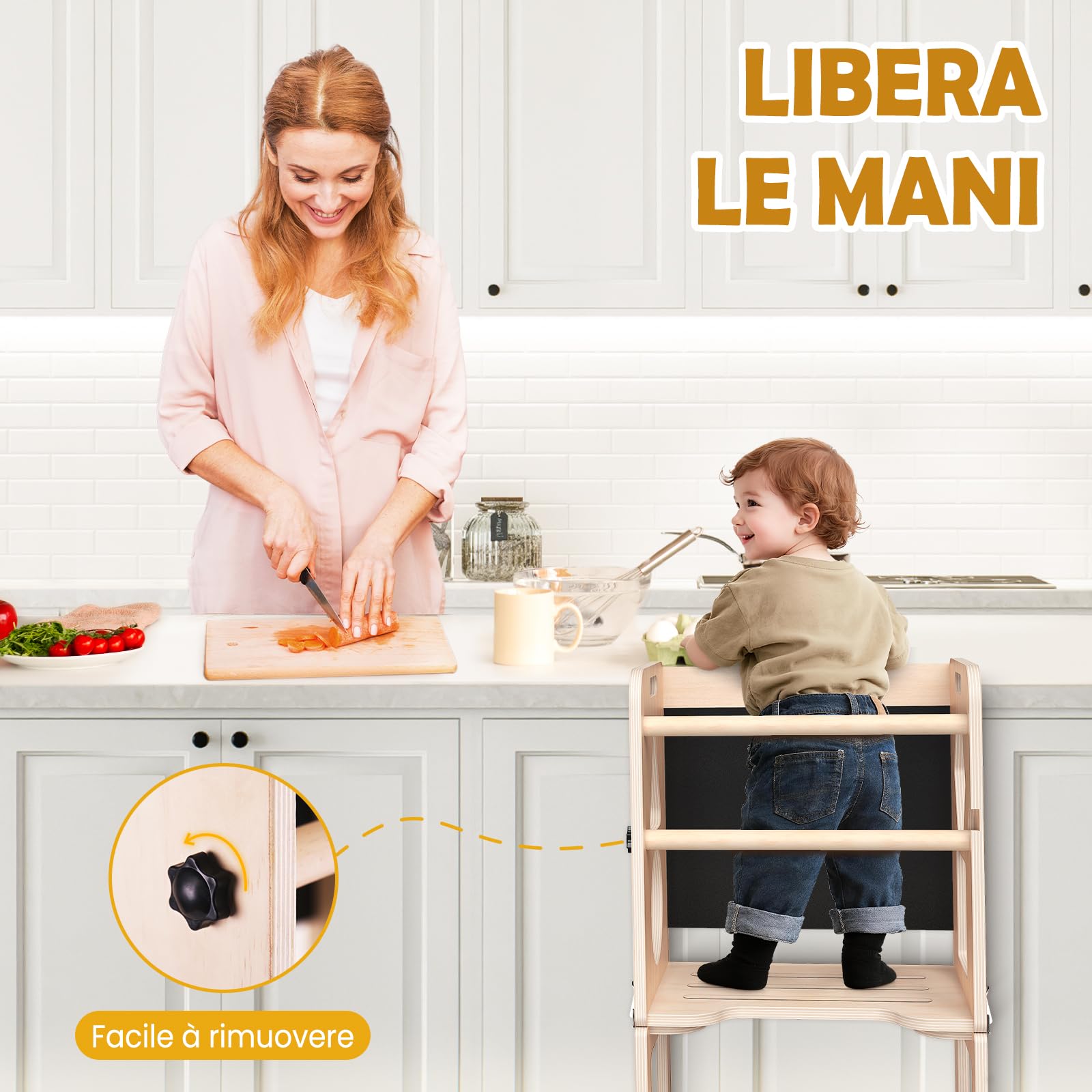3-in-1 Torre montessoriana per bambini, Sgabello pieghevole con lavagna, torre di apprendimento per bambini per cucina, tavolo da pranzo e bagno