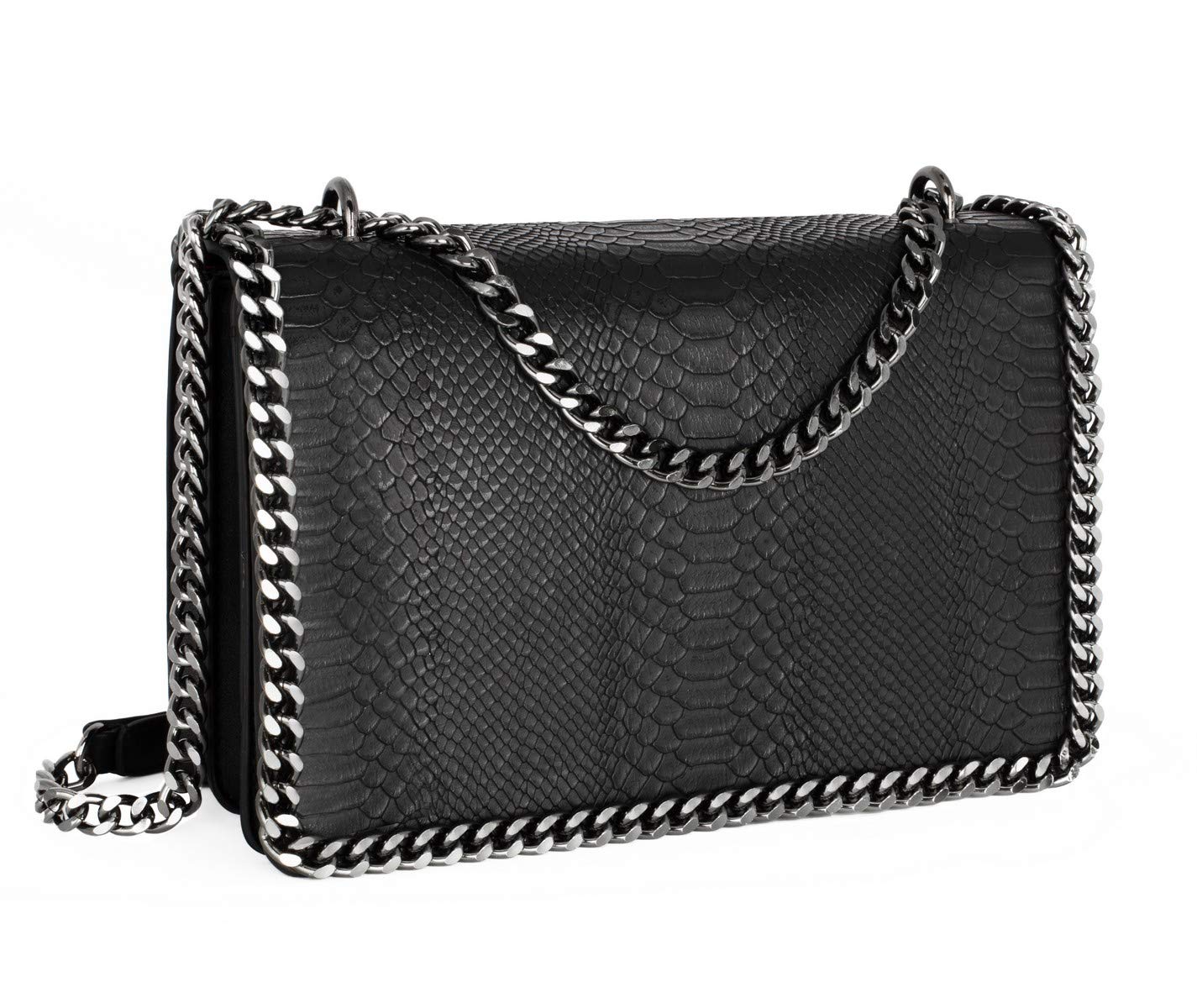 CRAZYCHIC - Damen Kette Umhängetasche - Schlange Leder Gesteppte Klappe Schultertasche - Python Steppmuster Abendtasche Pochette Kettentasche - Frauen Modische Handtasche Trendy Tasche - Schwarz