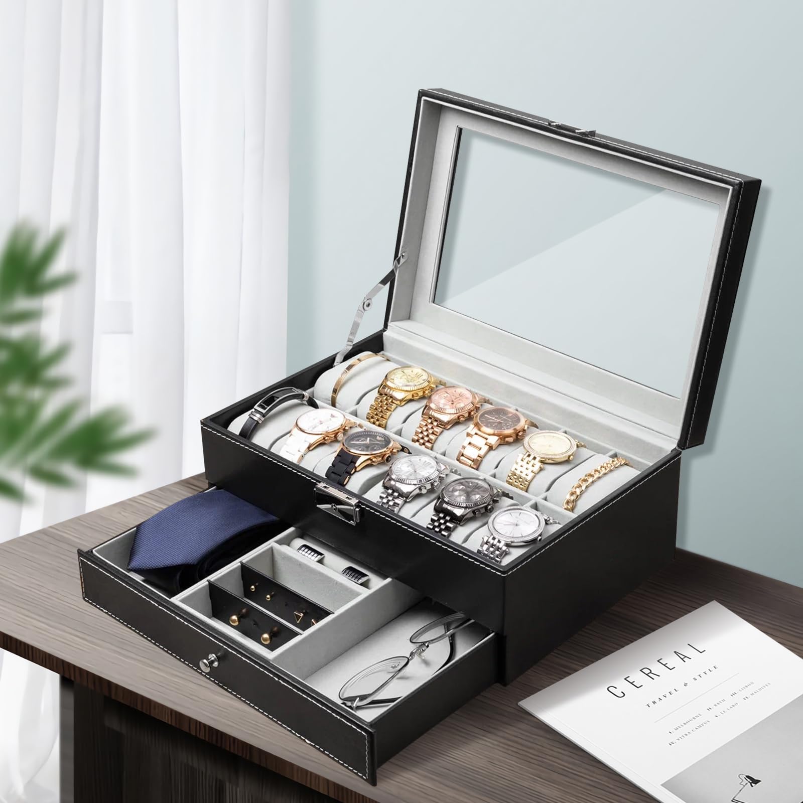 Caja de almacenamiento para relojes con tapa de cristal