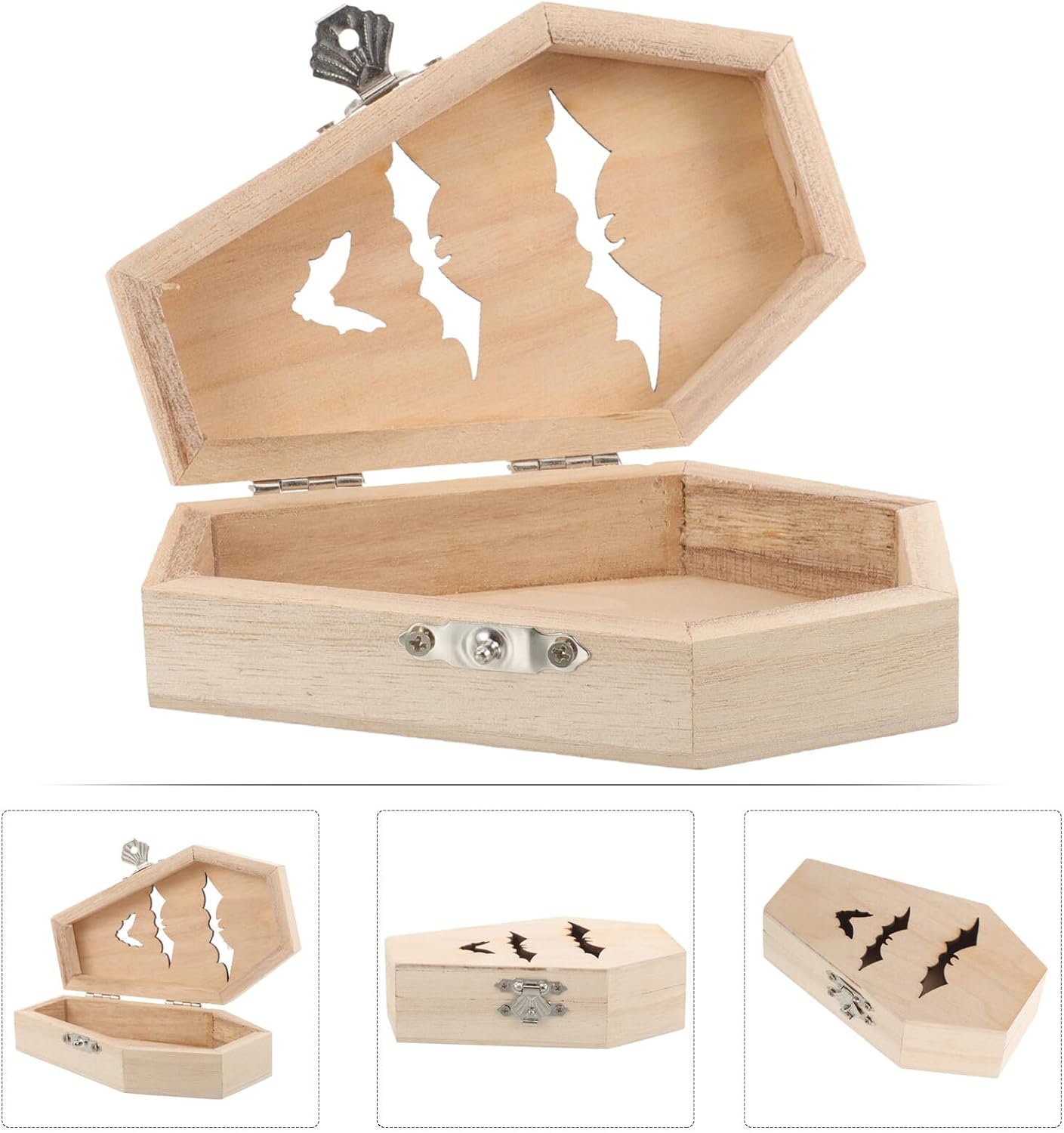OSALADI Halloween Wooden Coffin Candy Box Small Hexagon Decorative Treat Holder with Bat Design for Party Favors and Wrapping