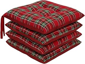 Corredocasa Set of 4 Chair Cushions with 4-Point Laces, Padded and Covered in Polycotton – Comfortable Design, Made in Italy, Available in Different Colours for Kitchen Home (Red Squares)