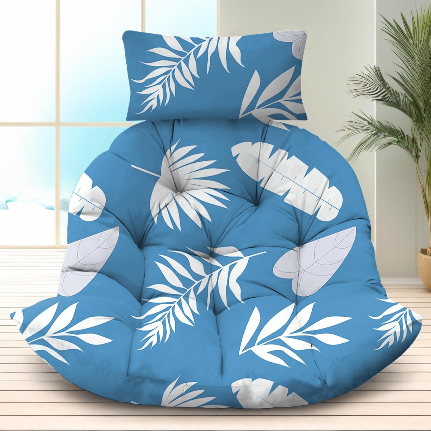 Outdoor Egg Chair Cushion, Thick Chair Replacement Cushion, Hanging Egg Chair Cushion, U-Shaped Patio Cushions with Headrest Pillow for Outdoor Furniture 47x40x7 Inches (Green-Yellow Leaves)