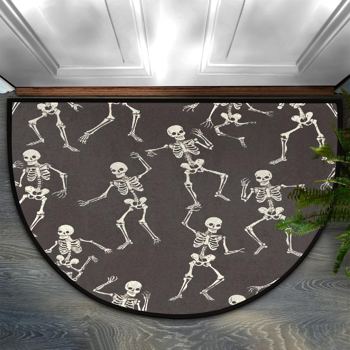 Half Round Door Mat Skull Black Funny Abstract Half Moon Rug Washable Half Circle Area Rugs Indoor Entrance Non Slip Semi Circle Bathroom Rugs Floor Carpet for Kithen Bedroom Fireplace Decor