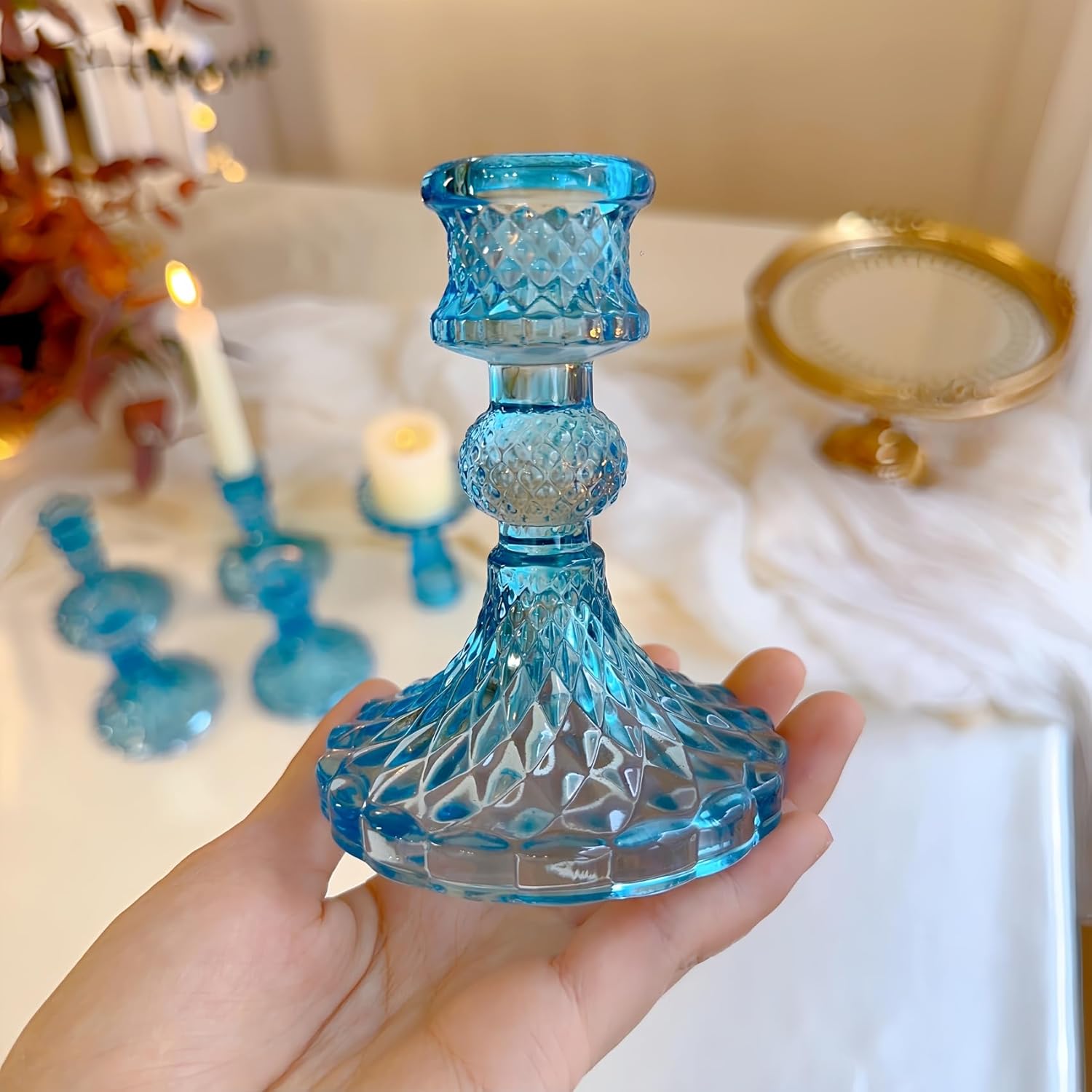 Glass Candlestick Holder,Striped Taper Candle Holders,Set of 6 Candle Stand for Table Centerpieces, Home Decor,Weddings,Festival and Parties (Bule Dimond)