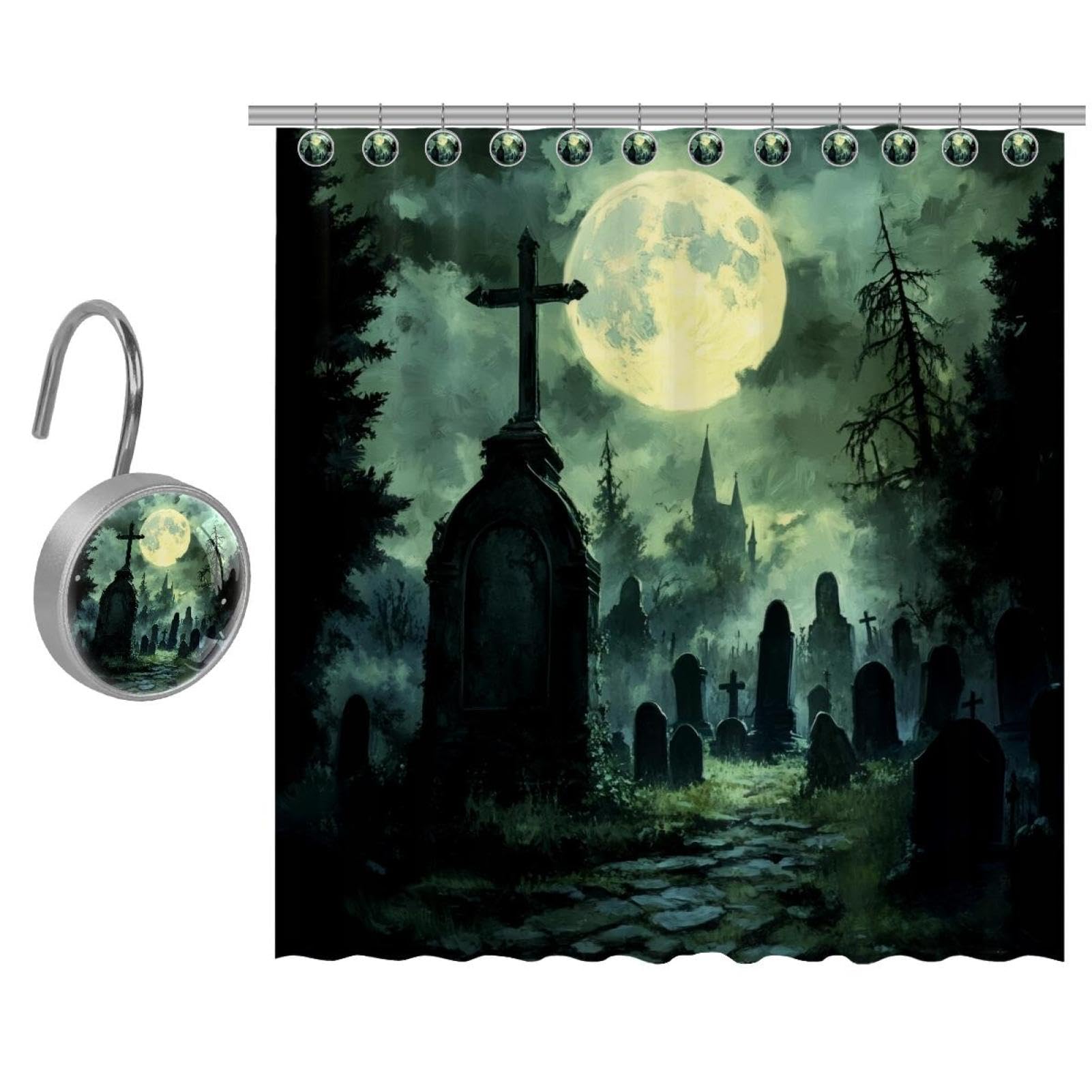 Rideau de douche d'Halloween en tissu rustique haut de gamme et crochets robustes en inox