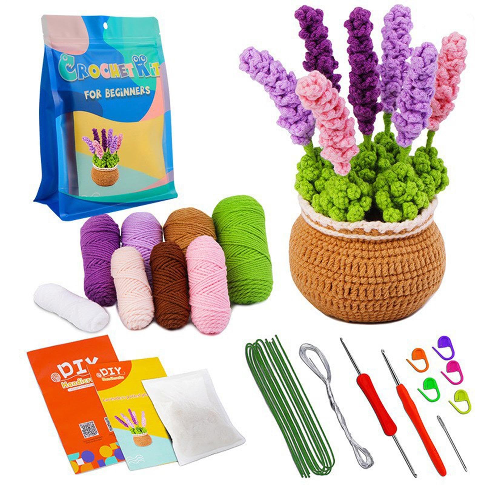 Whnbuij Kit de flores de ganchillo,Kit de ganchillo de plantas en macetas | Plantas en maceta hechas a mano para principiantes - Kit de flores de lavanda, kit de inicio de plantas en macetas, suministr