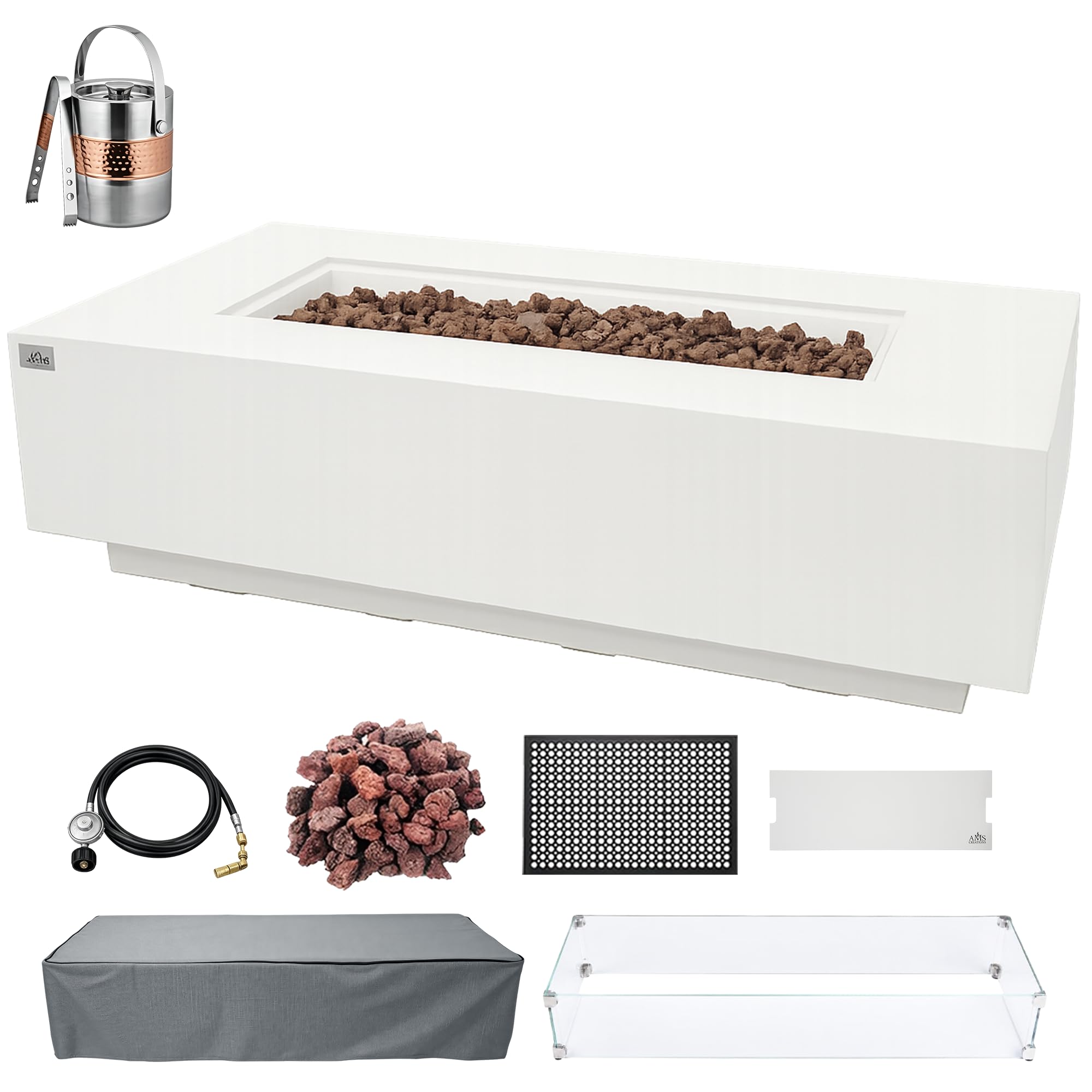 AMS 60" Rectangular Concrete Natural Gas Fire Pit Table Bundle, Cream White