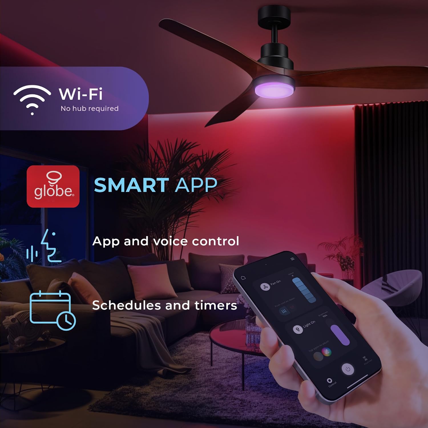 Smartphone displaying the Globe Smart App interface for fan and light control
