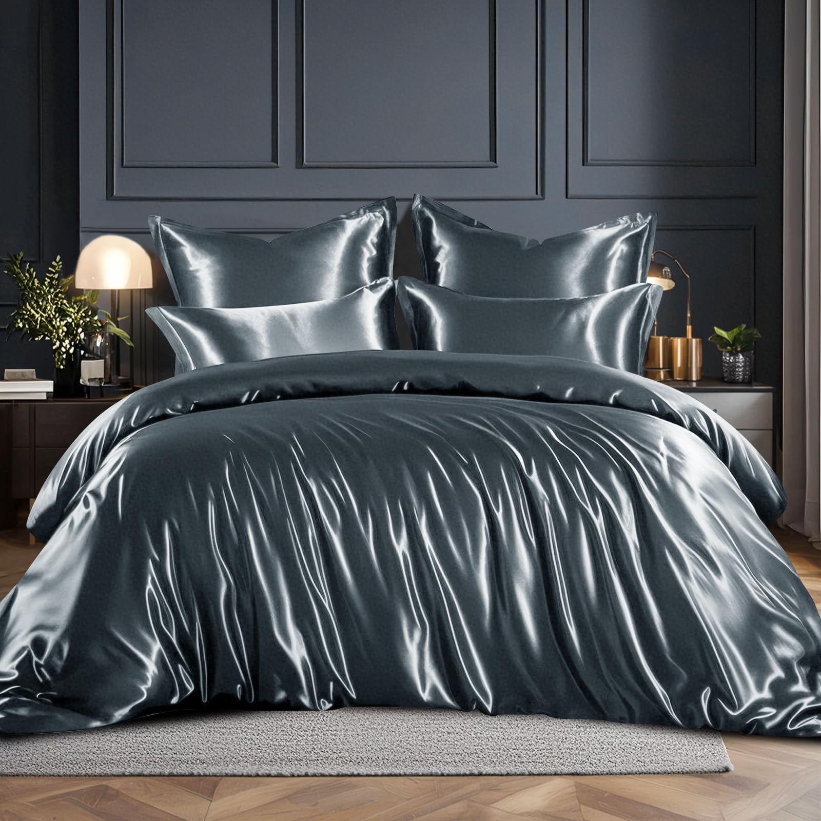 RUIKASI Satin Bedding Set Double Bed - Silky Duvet Cover Set for Hair and Skin, 3 Piece Duvet Set Quilt Cover with 2 Pillowcases, 200x200cm Grey