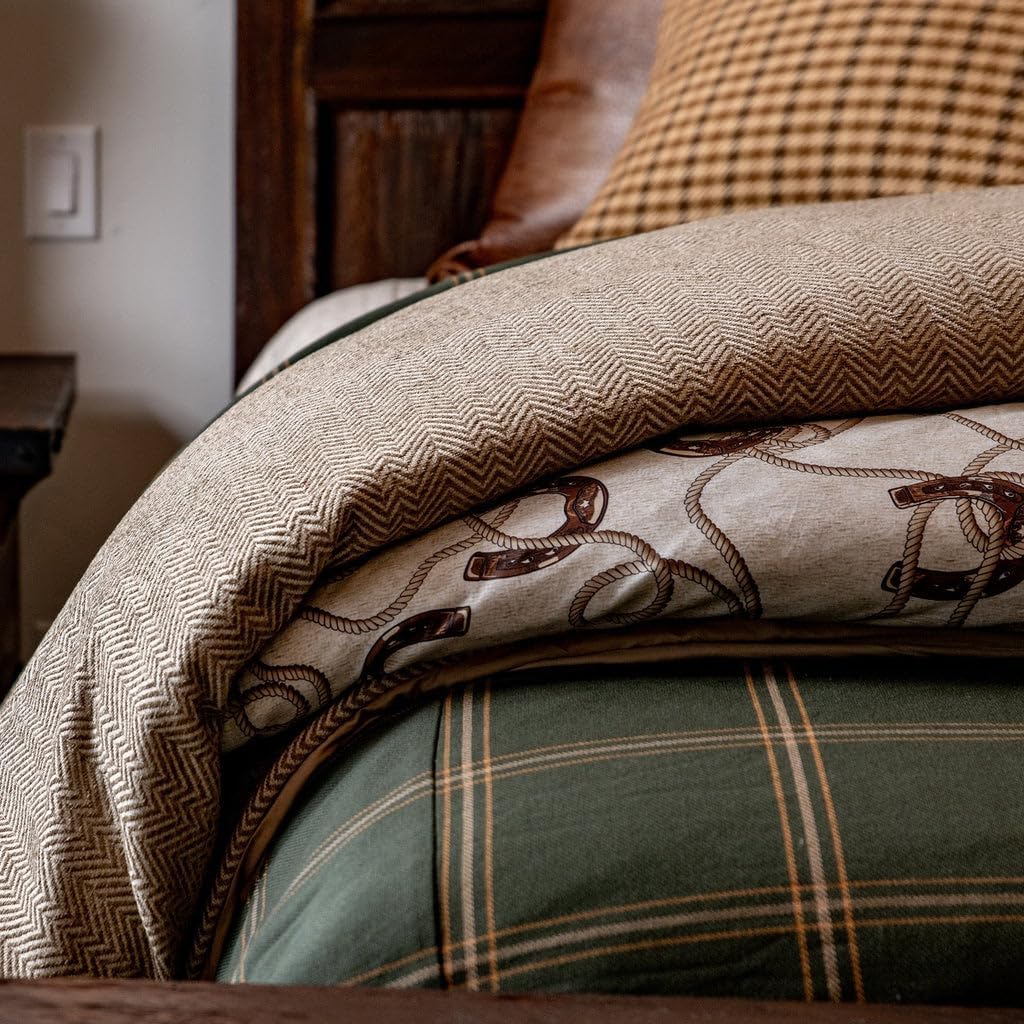 Paseo Road Tasha Polizzi Pierre Equestrian Western Bedding 3 Piece Queen Size Comforter Set, Brown Tan Cotton Sateen, Horseshoe Print, Modern Rustic Style Western Comforter with Pillow Shams