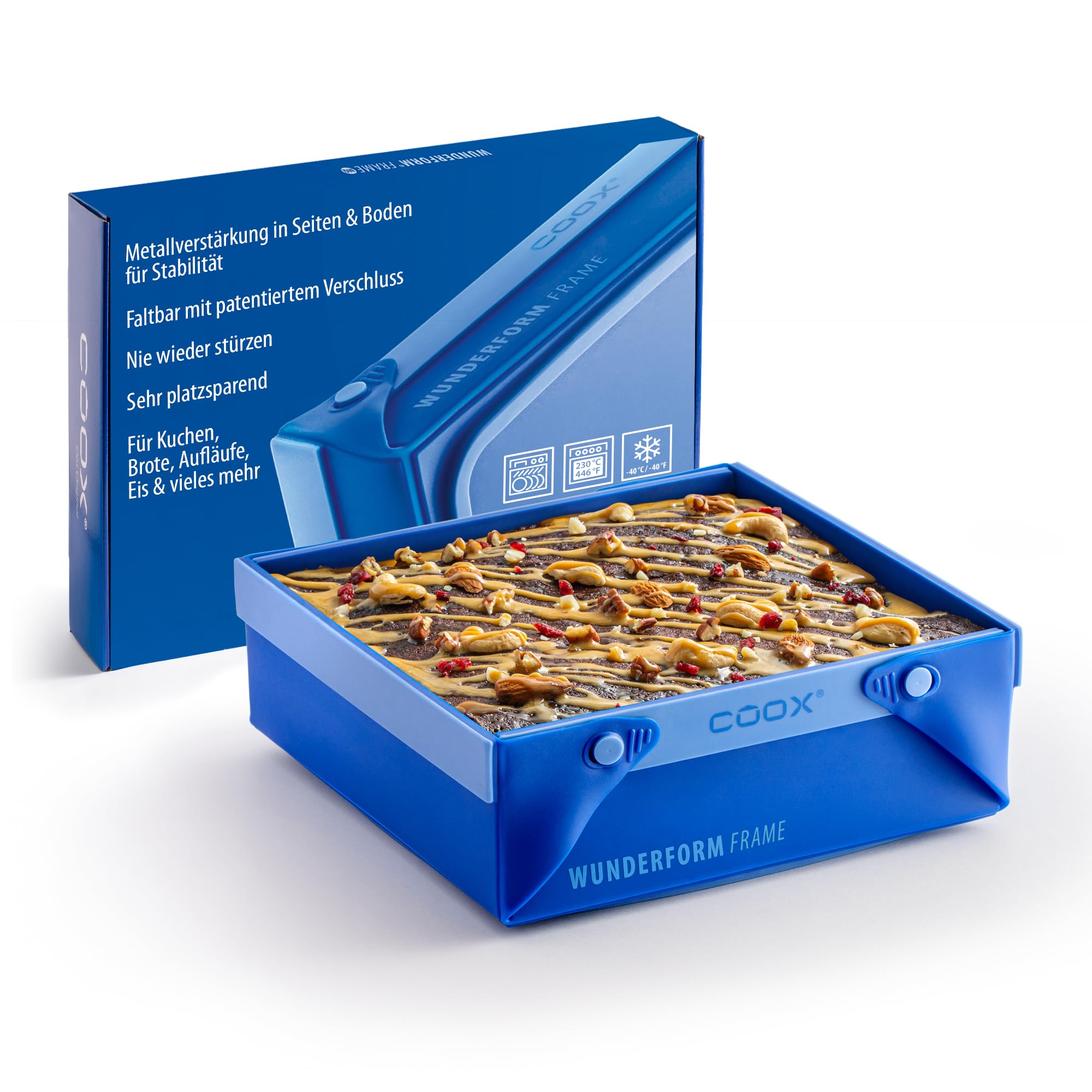 coox WUNDERFORM Frame SQ - die faltbare Kastenform mit Metallverstärkung - Backen & Servieren in Einem I Antihaft-Silikon I Spülmaschinenfest I Kein Stürzen I BPA-frei Blau