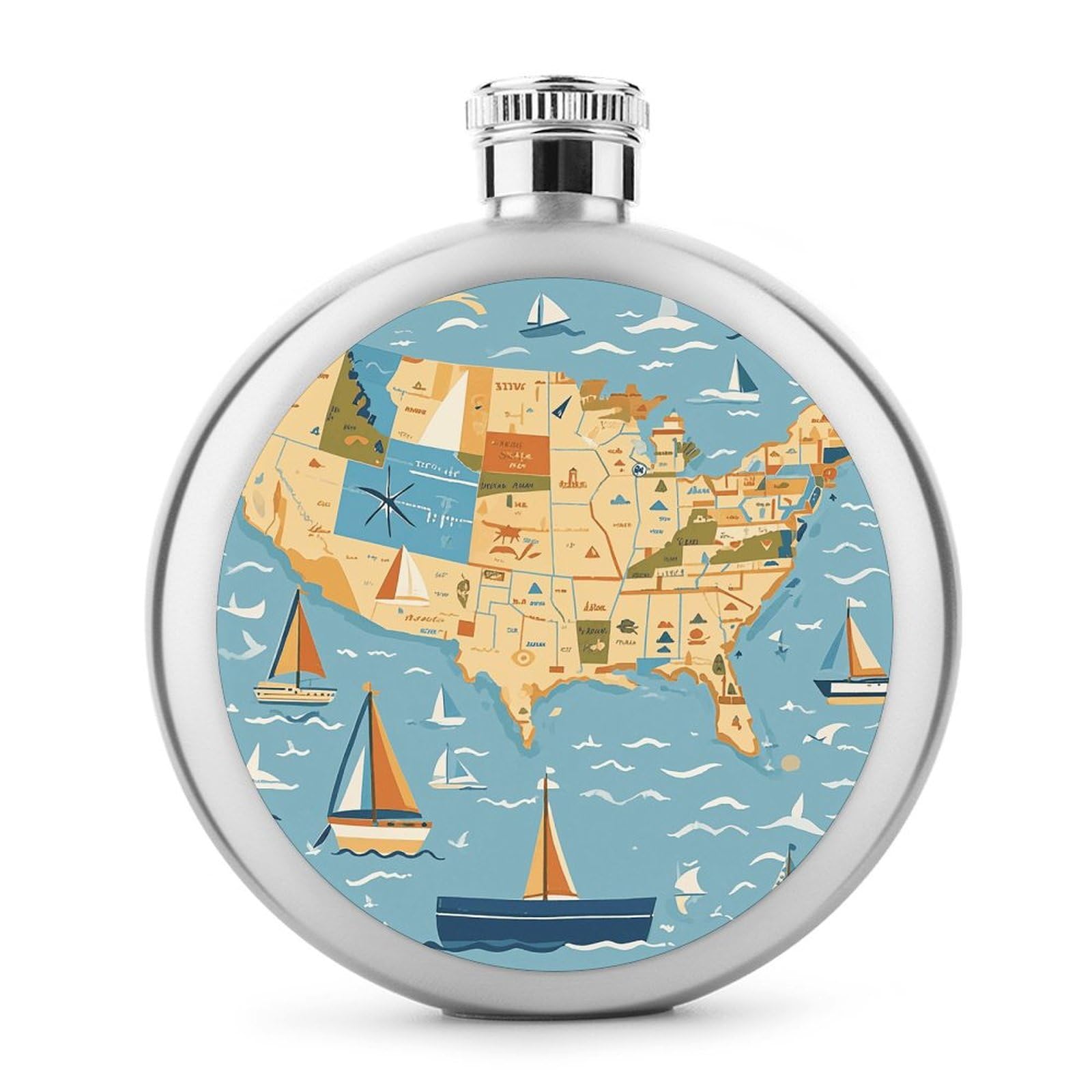 Stainless Steel Wine Bottle Liquor Container Nautical Sailboat Map Print Leak Proof Hip Flask Durable for Camping Hiking Travel Festivals