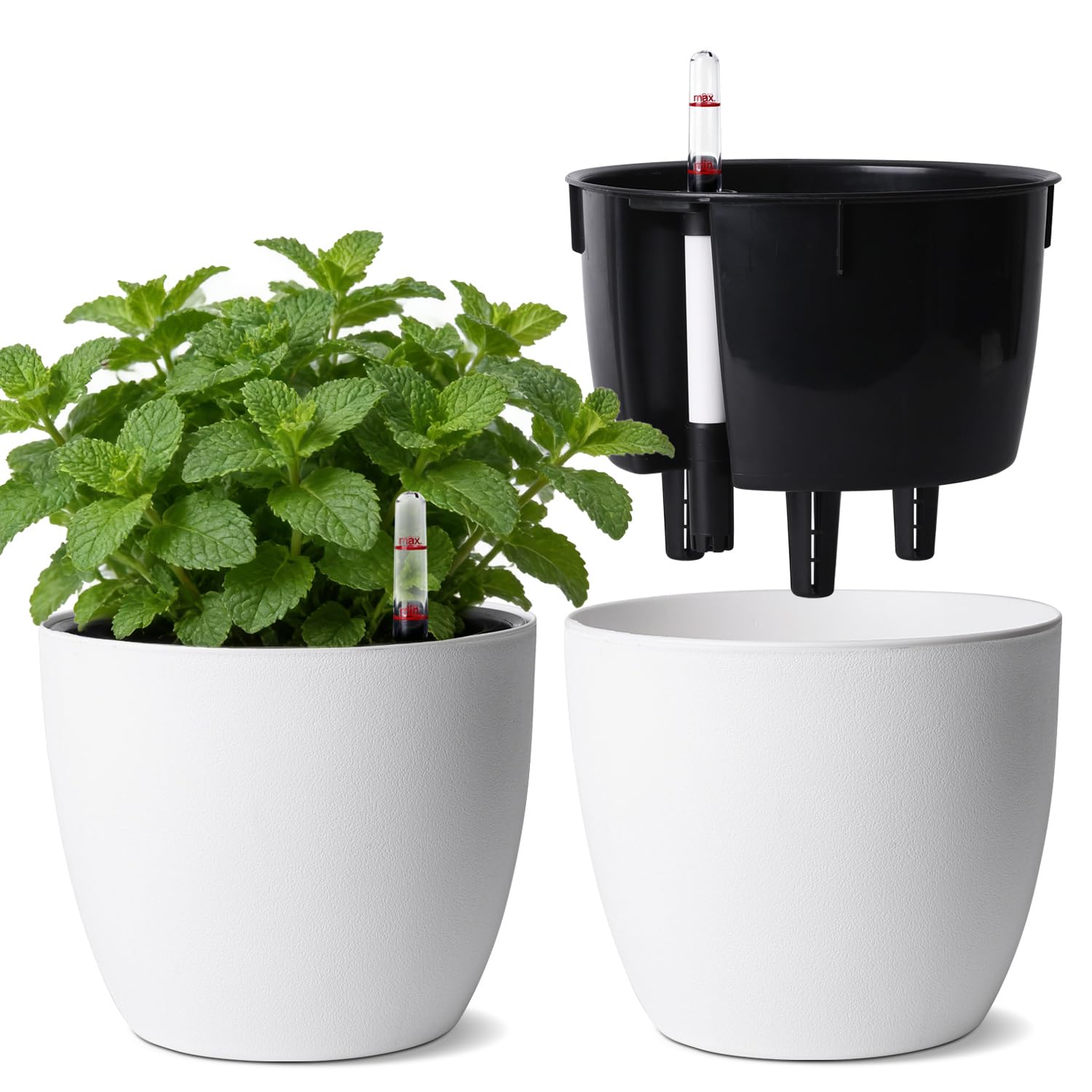 T4U Set De 2 Macetas Autorriego 17,5 Cm Con Indicador Agua, Maceta Autorriego Para Principiantes Y Ocupados, Macetas Decorativas Interior, Maceta Para Pothos Y Monstera, Uso Interior Exterior (Blanco)