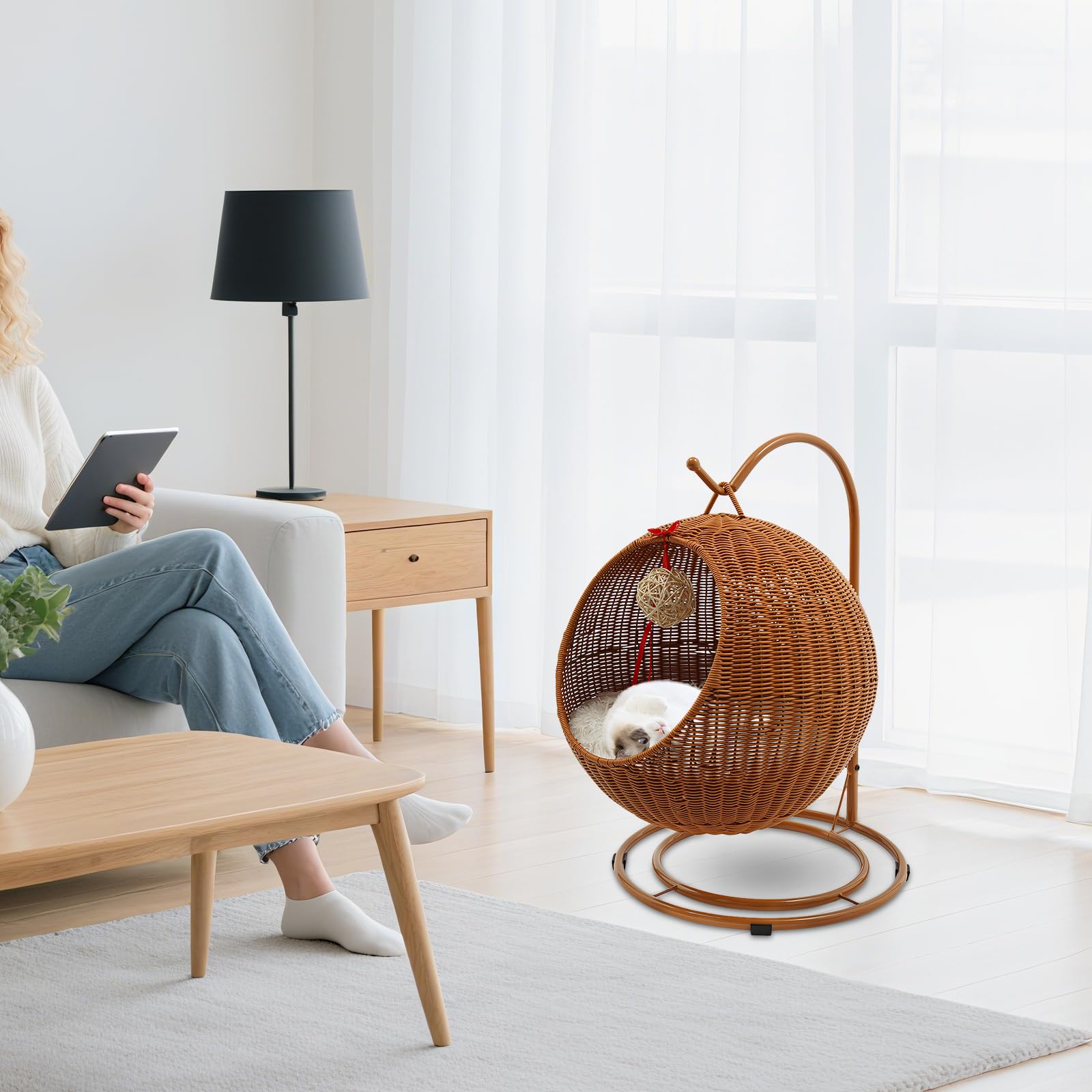 Poltrona sospesa rotonda per gatti, amaca, per gatti, con tappetino Cool-Down, altezza 66 cm, portata 7,5 kg, lavabile e rimovibile, base a doppio disco (giallo)