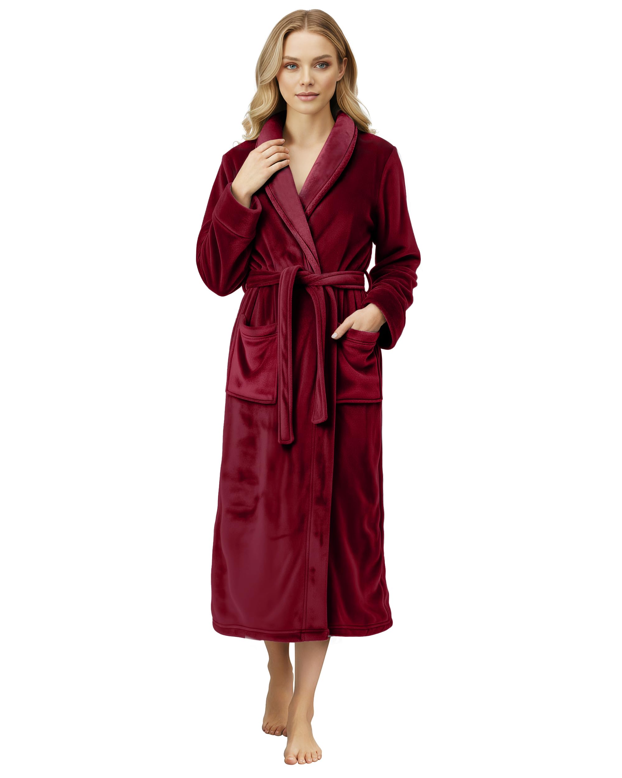 ny threads premium womens robe, plush fleece long bath robe for women, fluffy soft women's bathrobe, medium, burgundy