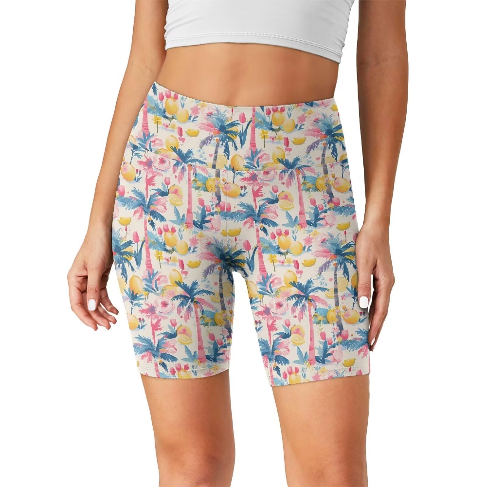 Irisjudy Tropical Fruit Plant High Waist Biker Shorts for Women Banana Pineapple Stretch Butt Lifting Pants Palm Trees Tummy Control Hotpants Booty Shorts