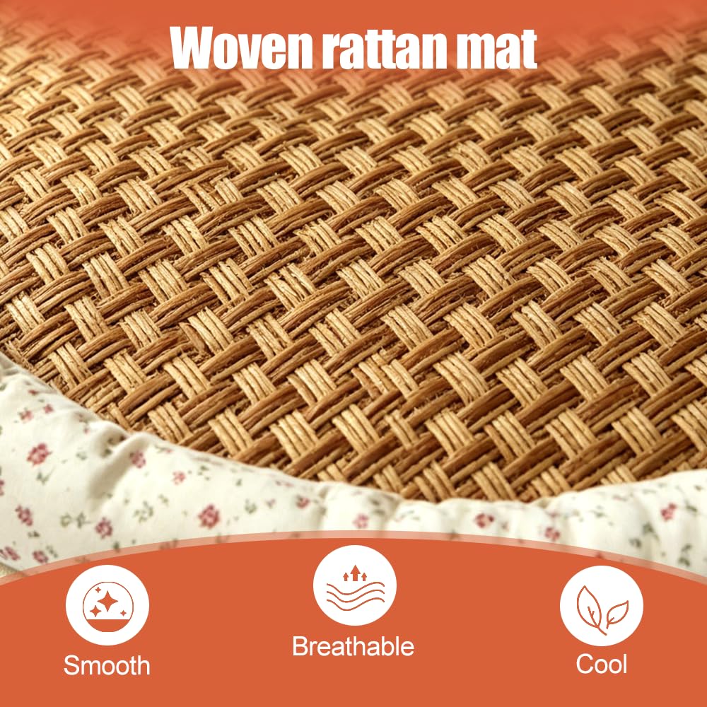 Kühlmatte für Katzen, 38cm Rundes Haustierbett aus Rattan, Atmungsaktives Sommer-Schlafkissen mit Blumenmuster, Rutschfestes Baumwoll-Leinen Hundebett