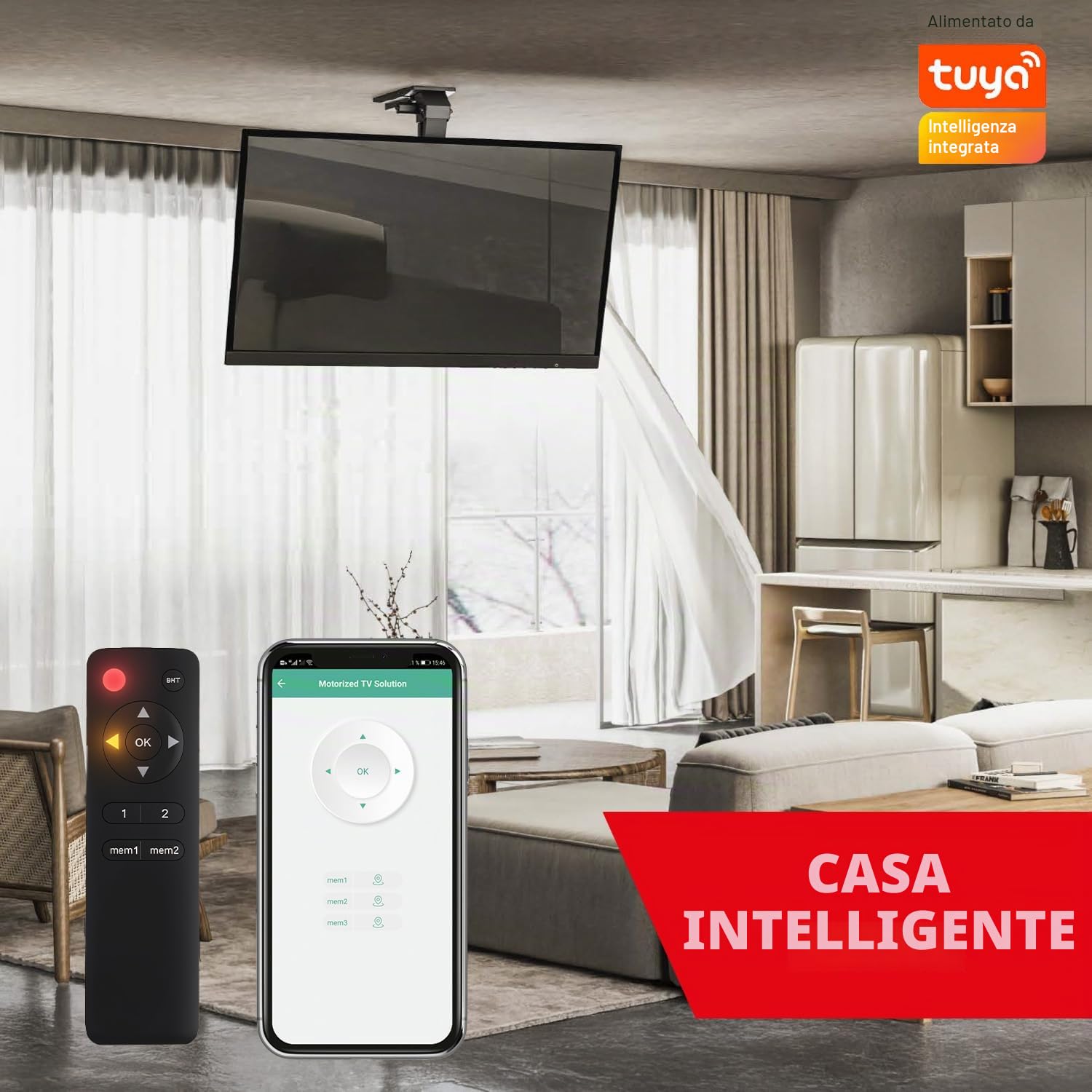 Supporto soffitto elettrico Maclean MC‑110 T TV 43-86″ fino a 45 kg VESA 800×400 inclinazione –80° motorizzazione Tuya telecomando sistema anti collisione nero