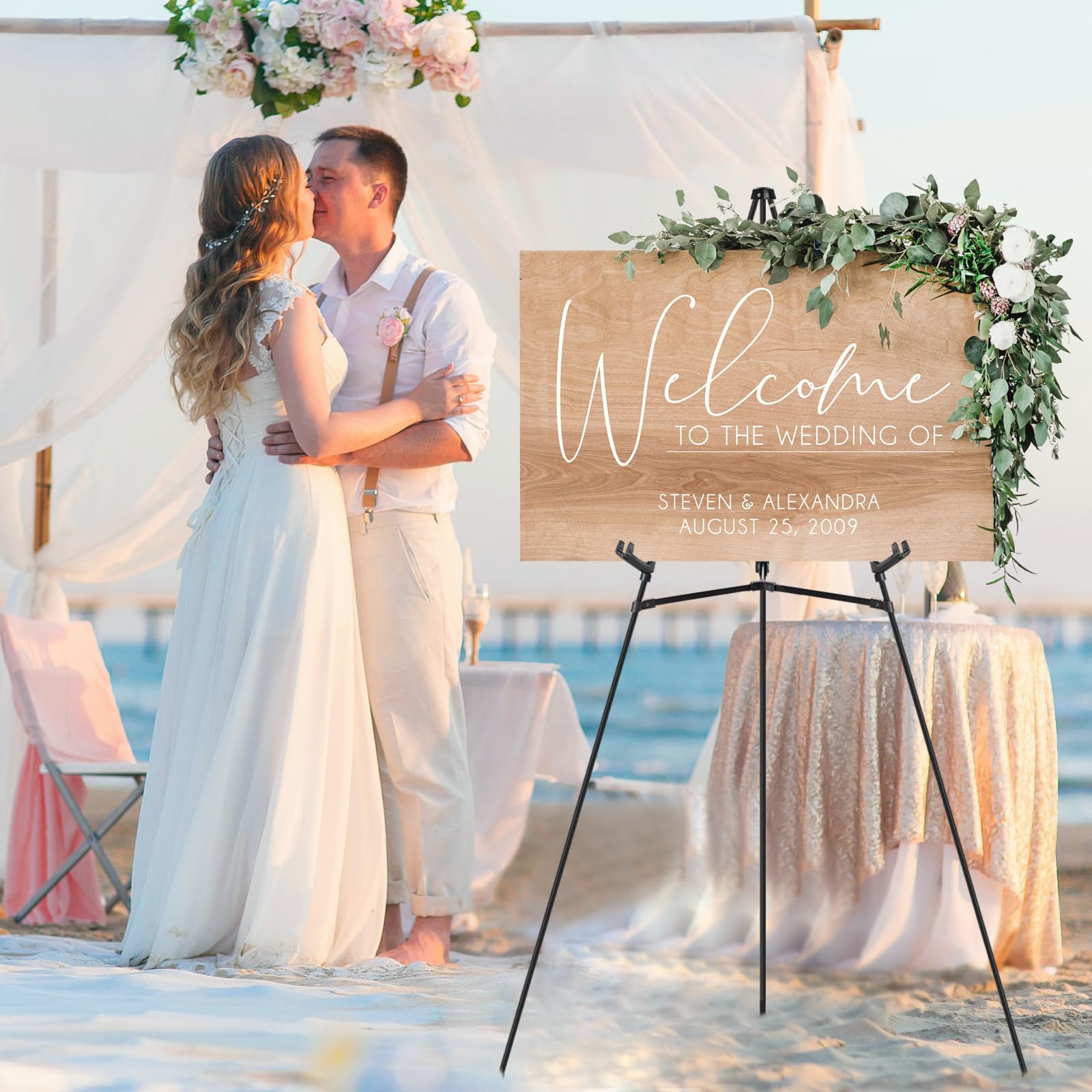 JEAWIWI 3 soportes de caballete negro para letreros de boda, soporte ajustable negro de 65 pulgadas, soporte de caballete plegable portátil con accesorios, caballete de póster de metal para