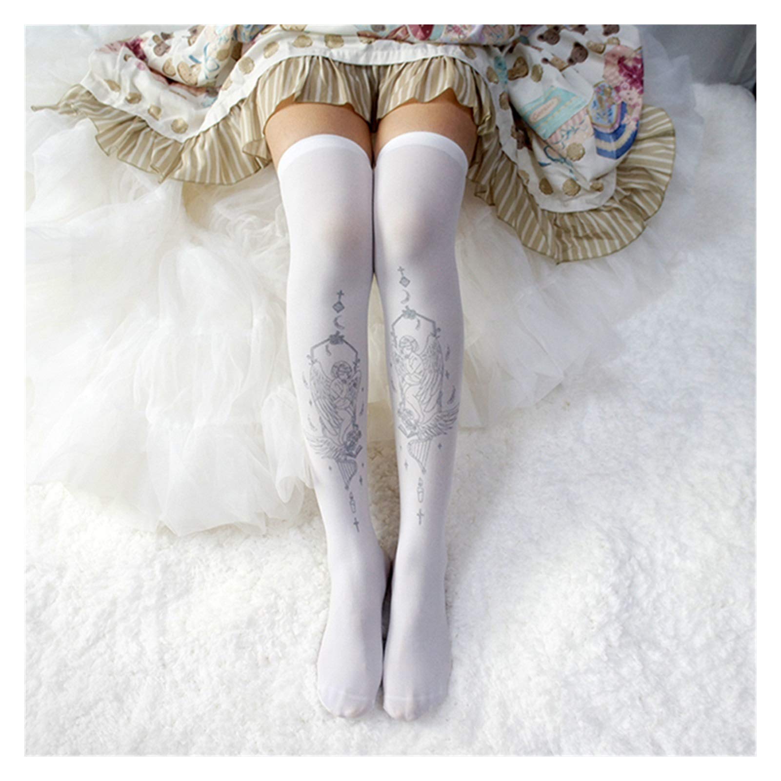 La Rodilla Original de Estampado de Calor de Verano de Lolita - Calcetines Impresos de Alta Calcetines Lolita Angel Muslo Cálida (Color : Version B)