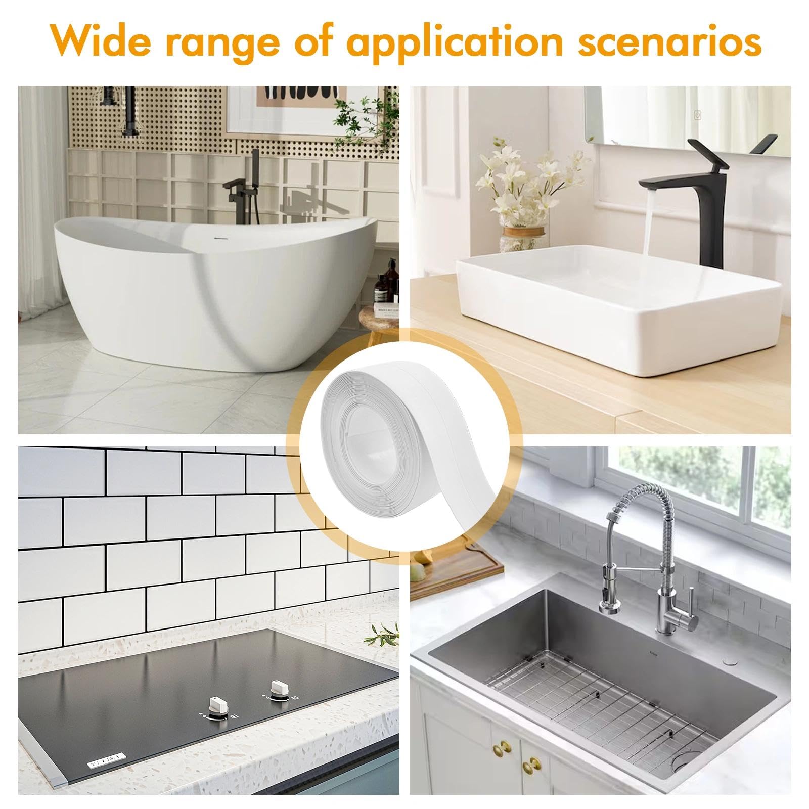 Silicone Bianco Bagno Antimuffa, Battiscopa Autoadesivo, Nastro Adesivo Impermeabile per Cucina e Bagno, 5 m x 36 mm Profilo PVC flessibile, Bianco