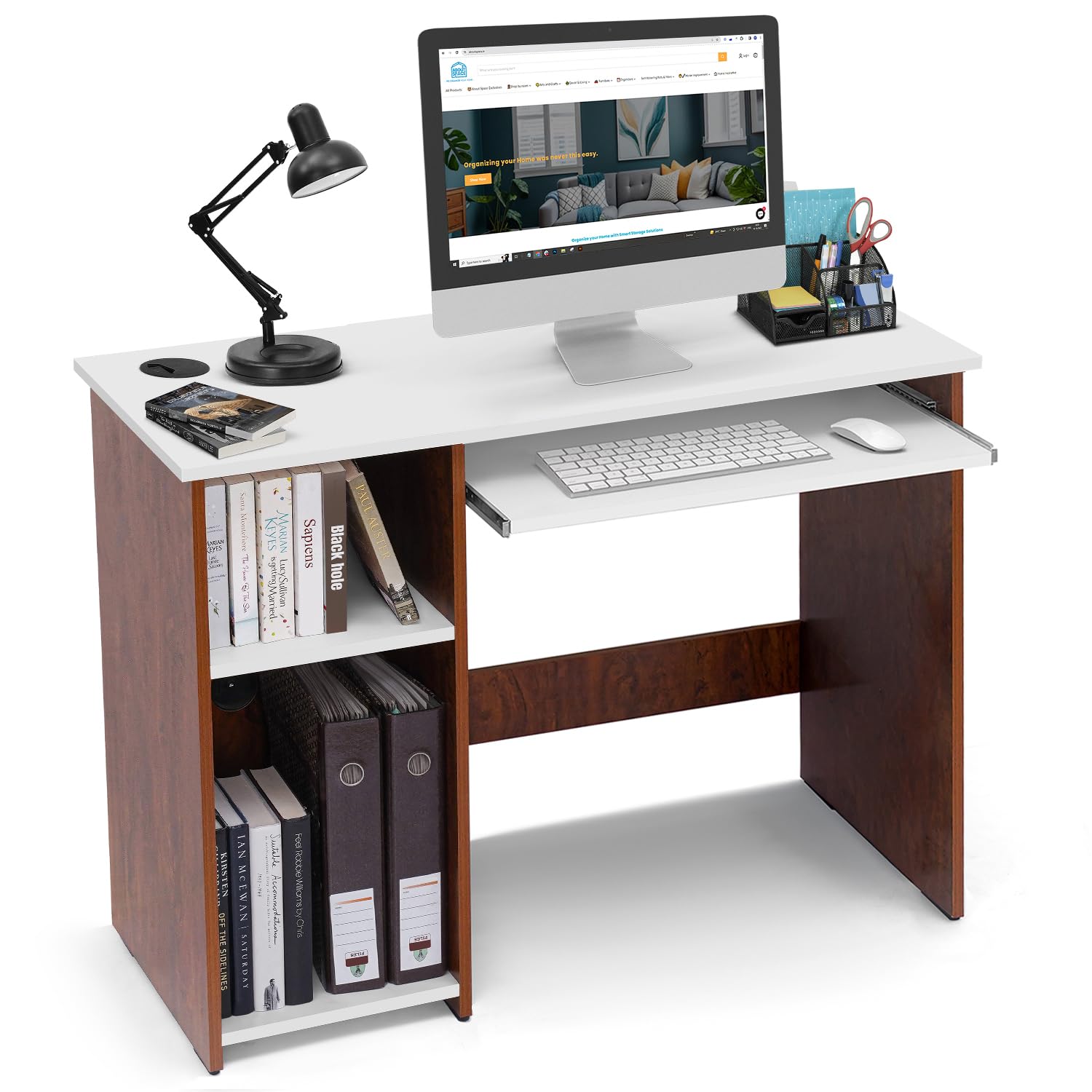 ABOUT SPACE Computer Table for Home - Study Table for Students, Adults Work Table for Home Office with Keyboard Tray, Adjustable Storage Space & Wire Holes (Oak Red & White - L 103 x B 43 x H 75 cm)
