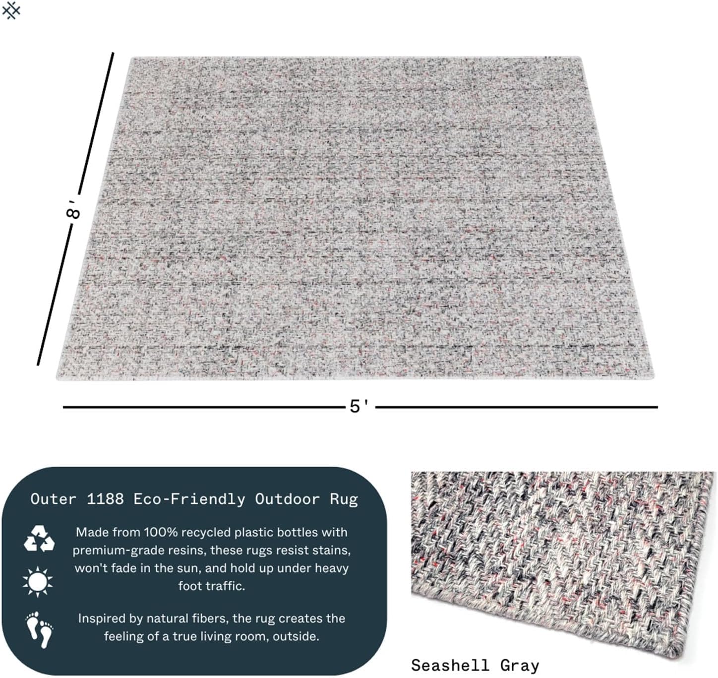 Outer 100% Recycled Plastic - Stain-Resistant Indoor Outdoor Rug Outdoor Rugs for Patio, Deck, Sun Room, Porch, RV, Fade-Proof, Easy to Clean, Neutral Design - Seashell Gray, 5x8