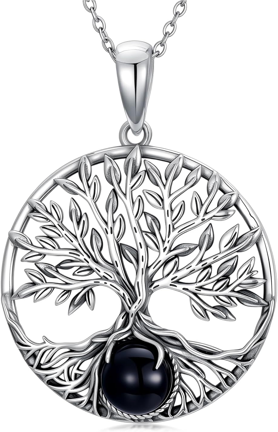 Tree of Life Necklace with Black Obsidian 925 Sterling Silver Family Tree Pendant Necklaces Jewelry for Men Women, w/Stainless Steel Chain 22’’+2’’