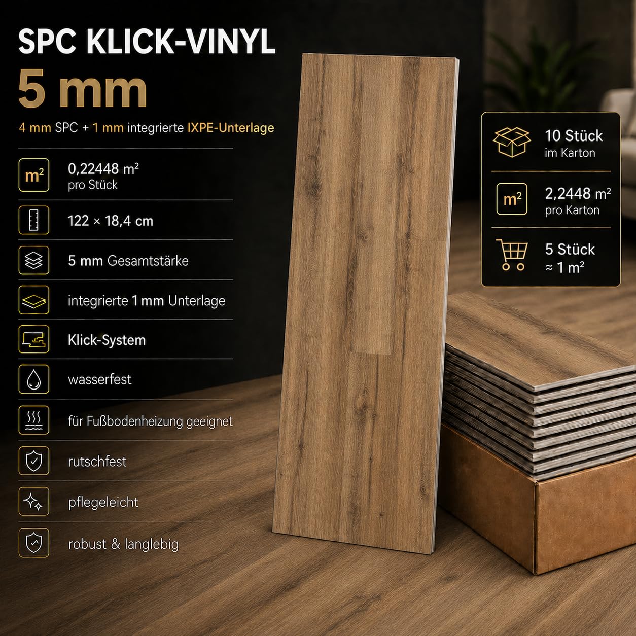 Klick - Suelo de vinilo rígido SPC, decoración de baldosas, resistente al agua, 4 mm + aislamiento de 1 mm para calefacción por suelo radiante (Brussels Birch, caja de 2,25 m²)