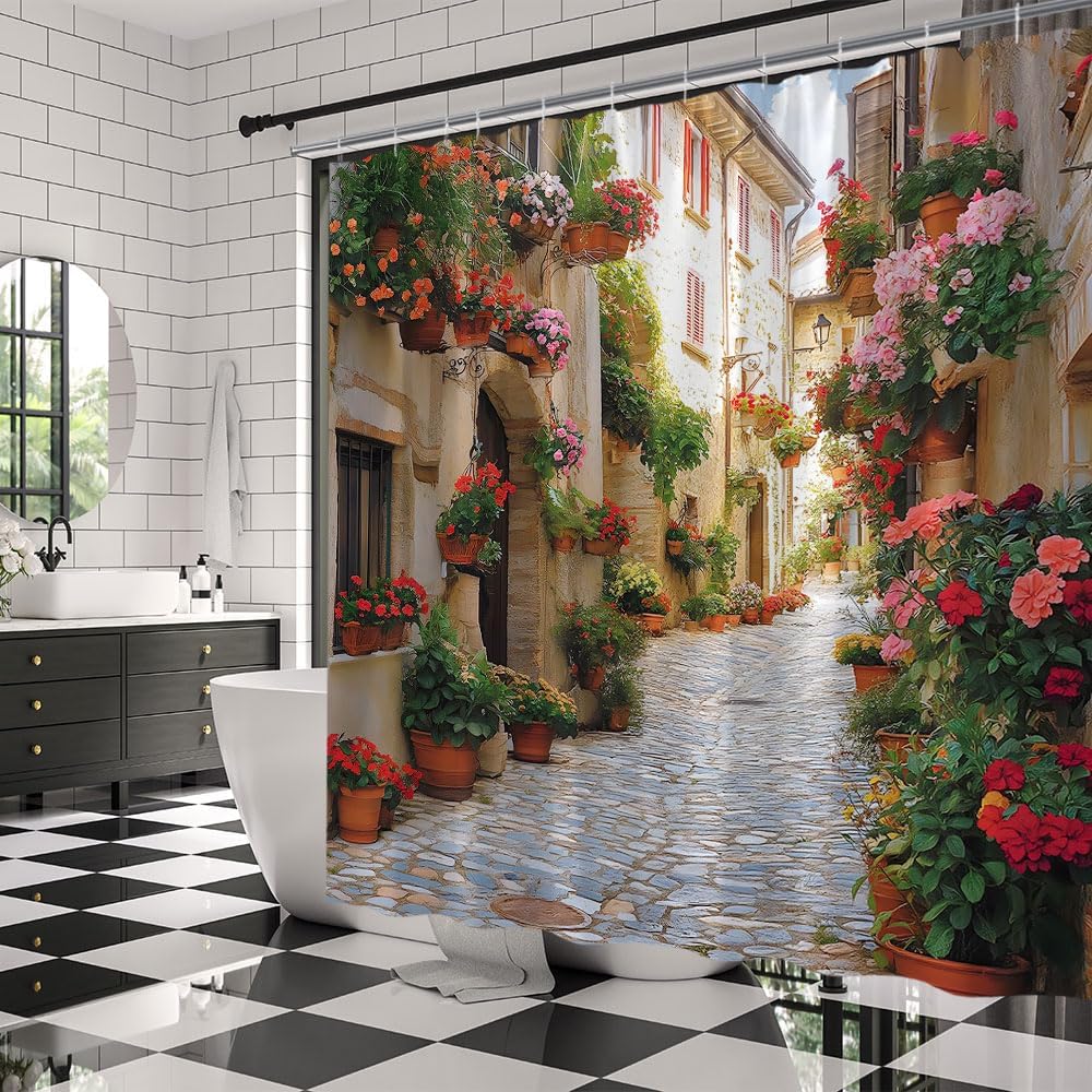 Italian Shower Curtain View of Old Mediterranean Street Stone Rock Houses in Italy Floral Garden Nature Plant LandscapeFabric Bathroom Decor Curtains with Hooks,90 x 70