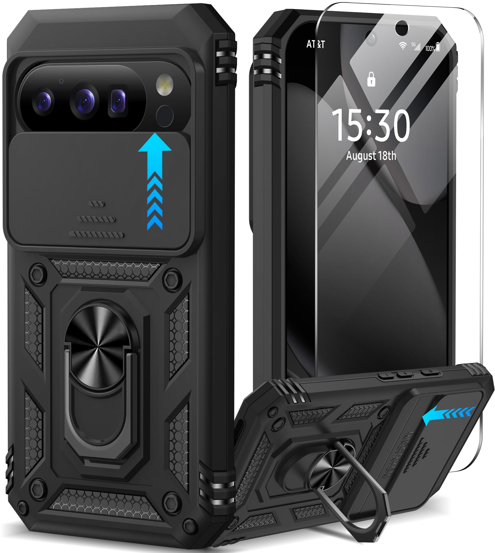Taisairu for Google Pixel 10 Case/Pixel 10 Pro Case with Screen Protector & Slide Camera Lens Cover,Built-in Ring Stand Protective Phone Case for Pixel 10 Case/Google Pixel 10 Pro Case (Black)