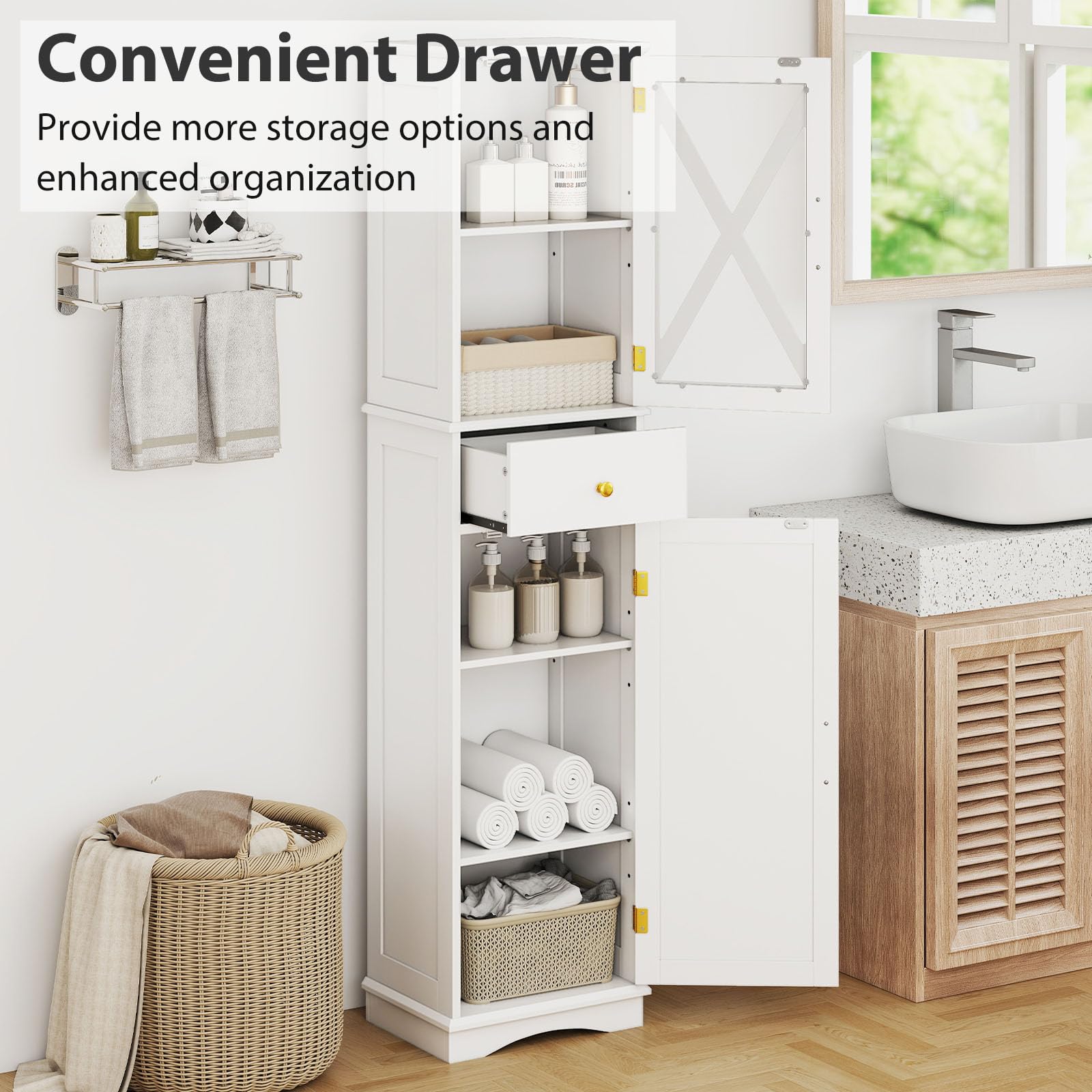 LIFEZEAL Armoire Haute autoportante avec 2 tiroirs et Portes, Armoire de Salle de Bain étroite avec étagère réglable, Meuble de Sol pour Salle de Bain, Salon, Cuisine, 40 x 30 x 168 cm (Blanc)