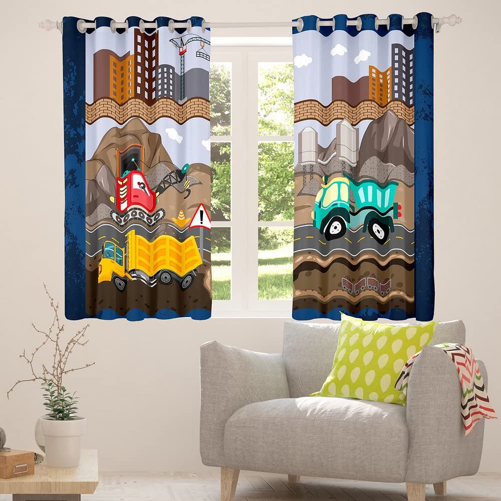 Cortinas Opacas para excavadoras de construcción de Dibujos Animados (30% – 50% – Cortina de vehículos para maquinaria Bulldozer Crane oscurecimiento Ventana Dreapes tratamientos de Ventana W66 x L