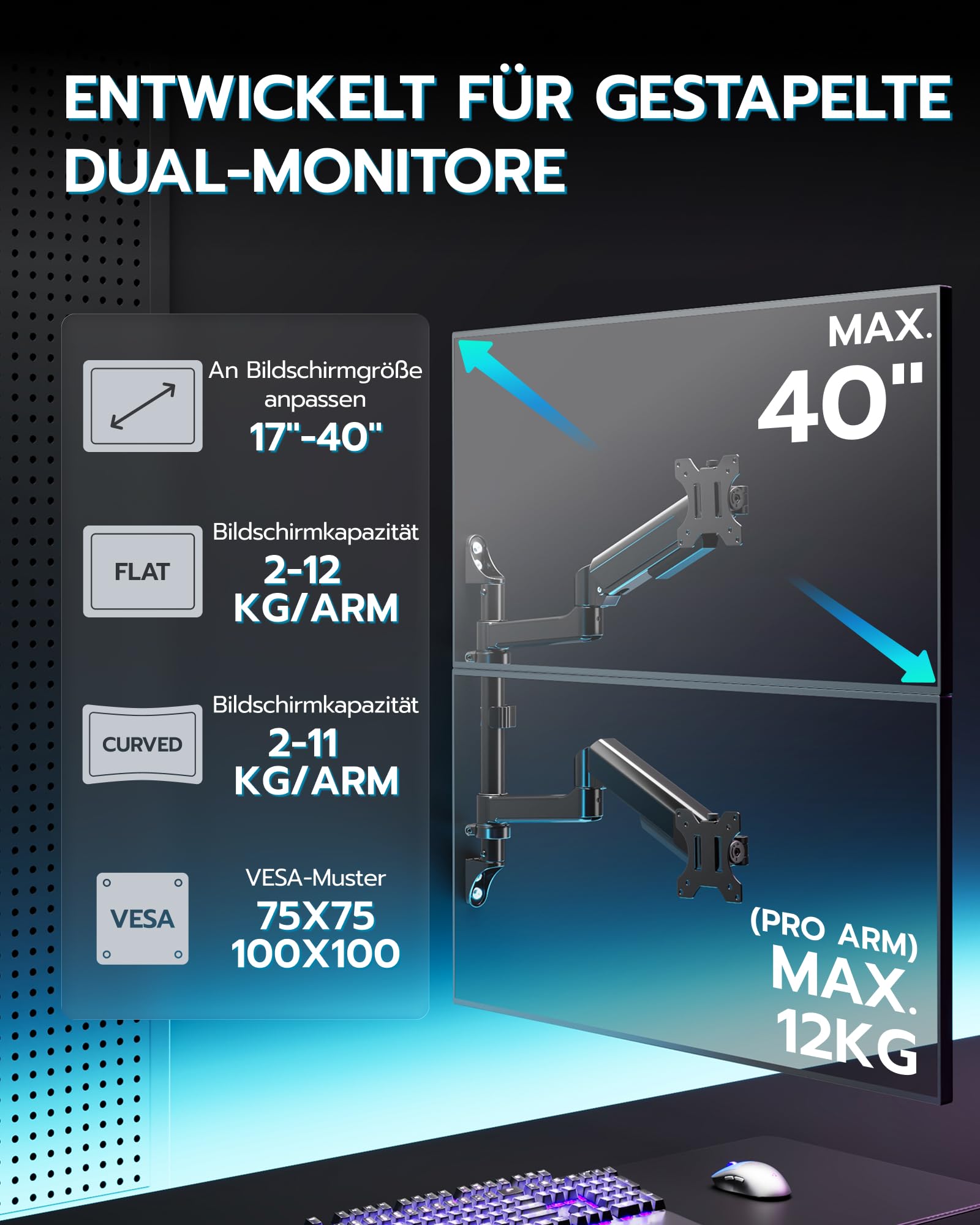 ARES WING Soporte de Pared para 2 monitores de 17"-40"