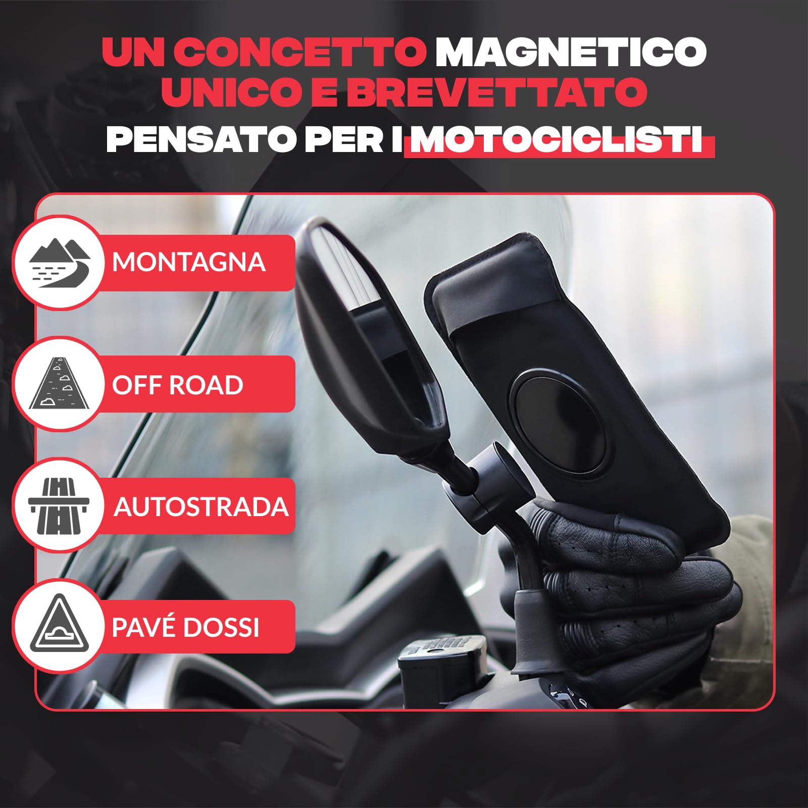 Shapeheart - Porta cellulare scooter specchietto antivibrazioni. Supporto telefono scooter impermeabile con tasca magnetica, fino a 250 km/h. 100% universale. Porta telefono scooter per retrovisore