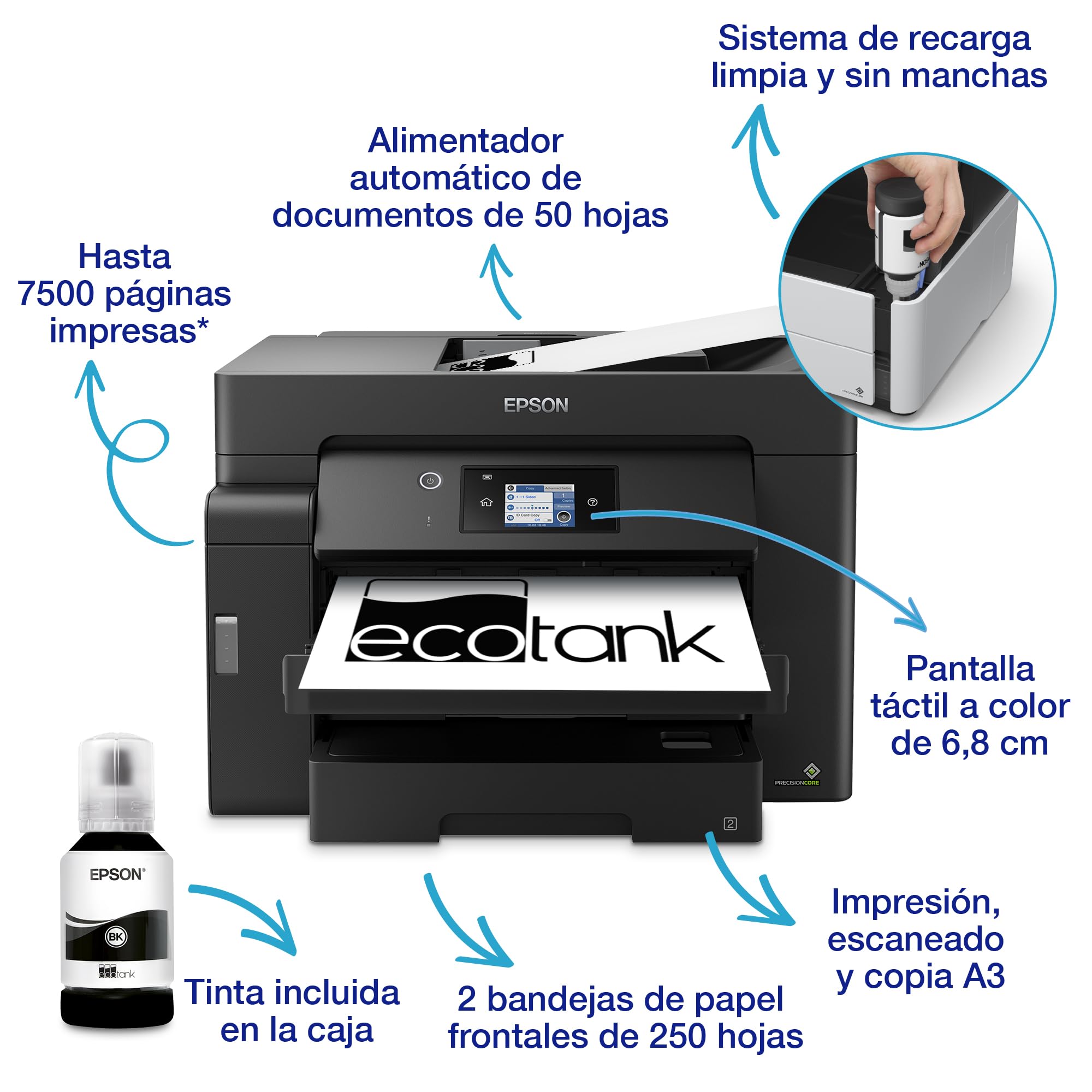 Epson EcoTank ET-M16600 I Impresora de Depósito de Tinta | Impresión Monocroma | Wi-Fi | A3+ | Imprime Doble Cara | Imprimir, Copiar, Escanear | Pantalla Táctil 6.8cm | ADF