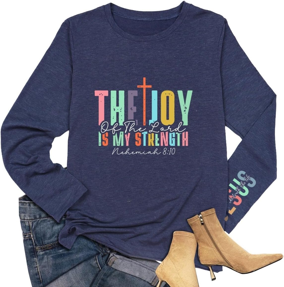Christian Long-Sleeve T-Shirt for Women Bible Verses Cross Jesus Praise God Joy of The Lord Crewneck Top - Image 3