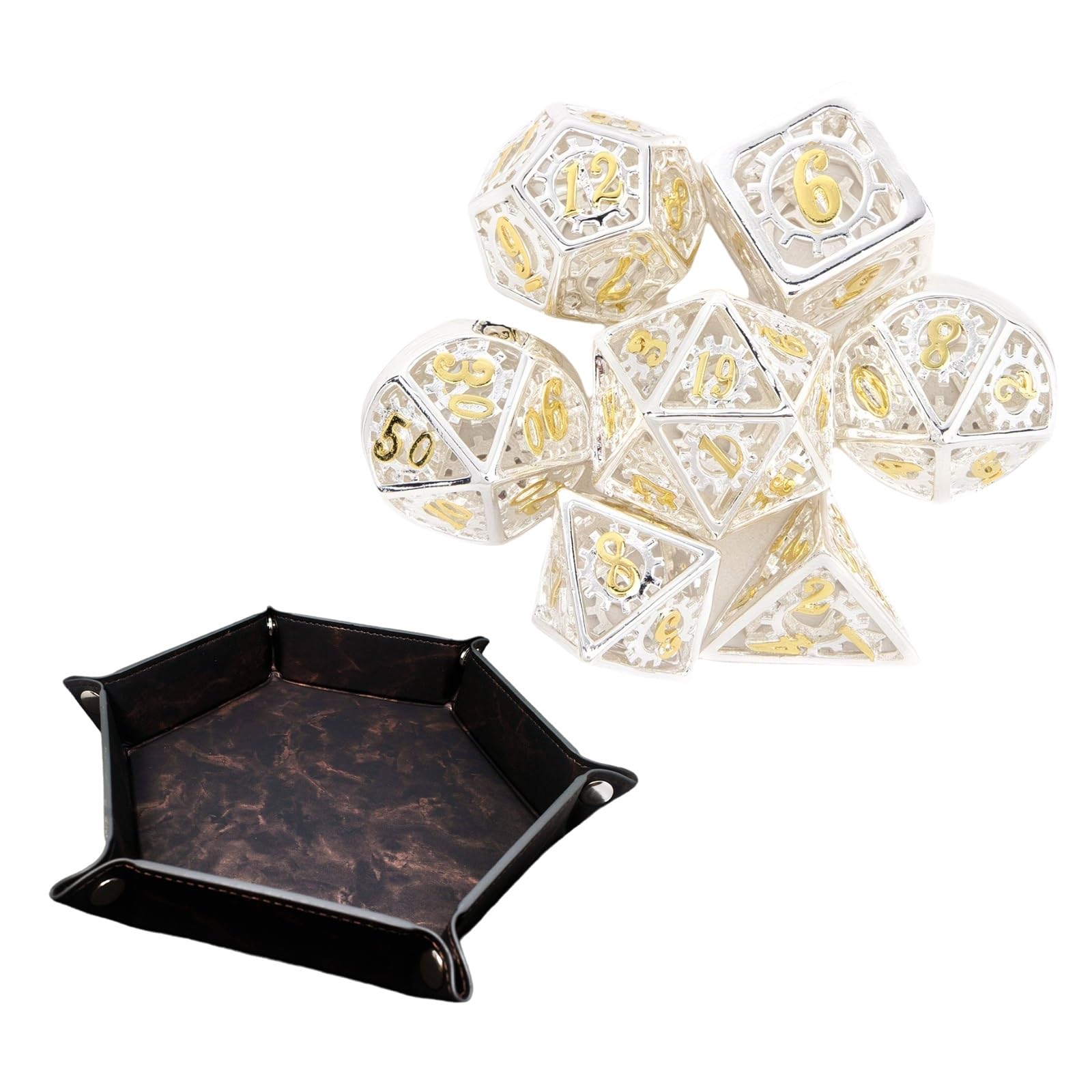 Ensemble de 7 Dés en Métal Dentelés Blancs et Jaunes, Polyèdres Creux, Compatibles avec Les Jeux de Rôle Les Jeux de Plateau et Les Jeux de Cartes