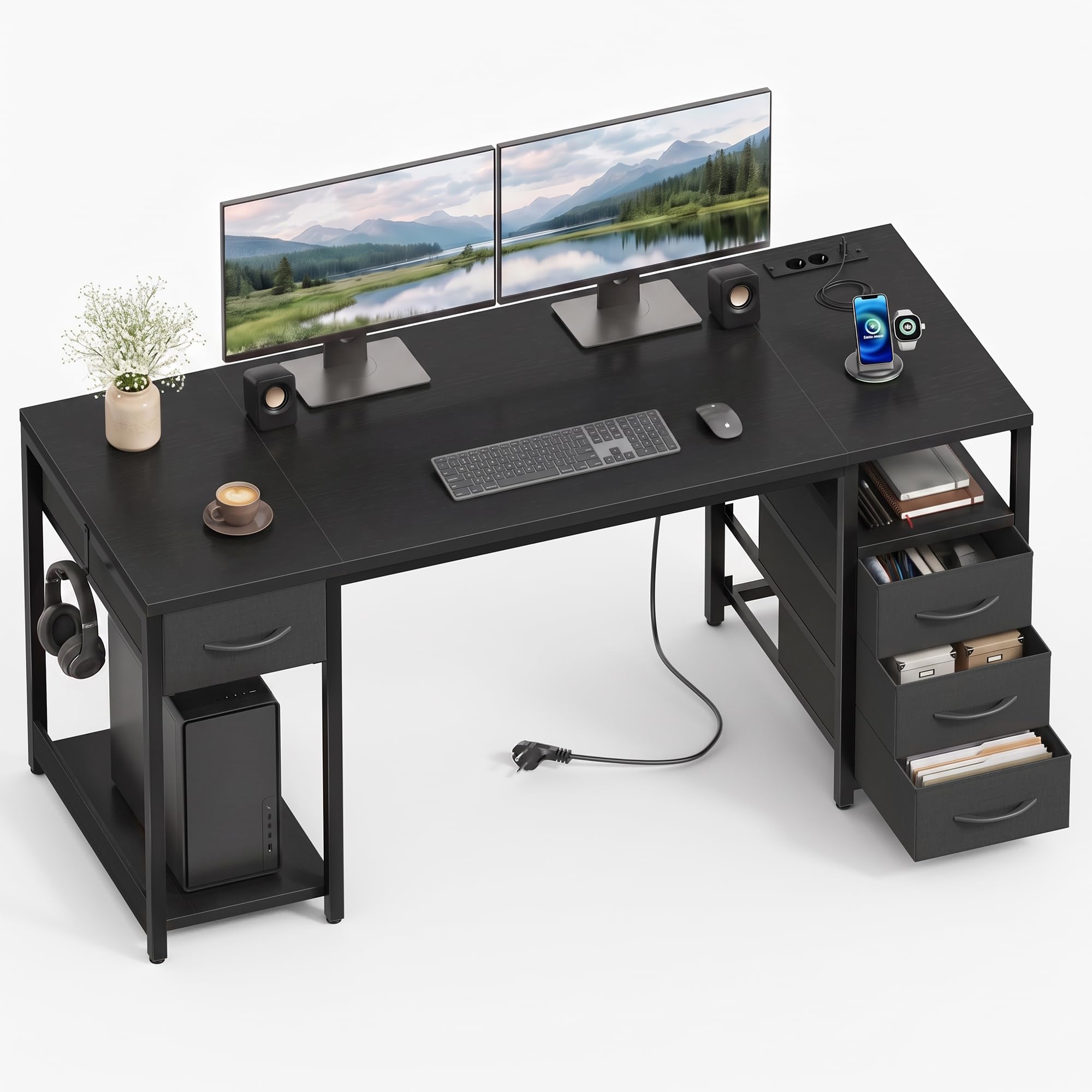 YOUDENOVA Schreibtisch mit 4 Schubladen, Computertisch 140cm mit Steckdosen und USB A/C, CPU-Ständer, Ablagefach, Stabiler Bürotisch PC Tisch Officetisch Für Büro Wohnzimmer Home Gaming Schwarz