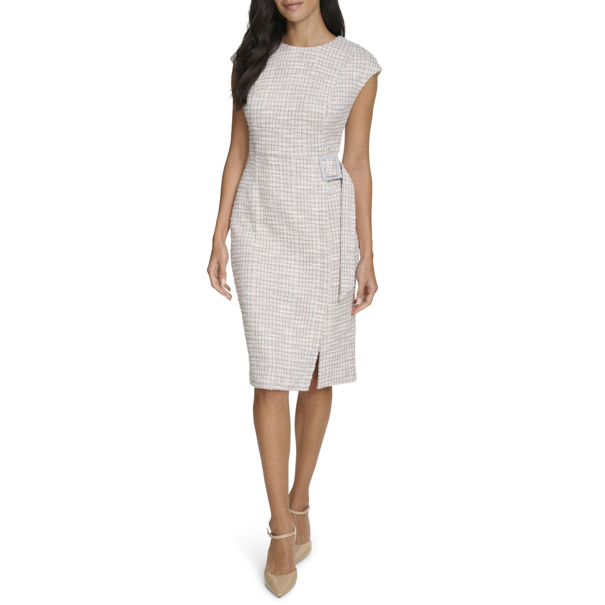 Calvin Klein Womens Cap Sleeve Belted Knee Length Tweed Sheath Dress