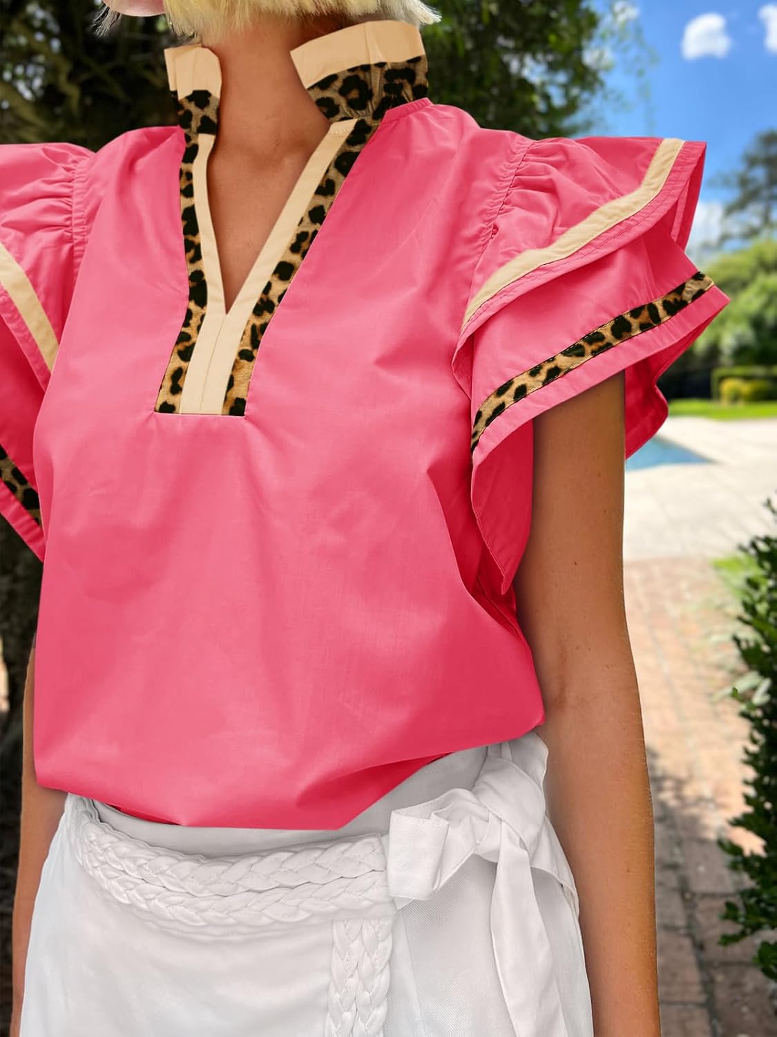 Cicy Bell Womens Ruffle Cap Sleeve Tops Color Block V Neck Dressy Casual Blouses Summer Pleated Loose Fit Shirts
