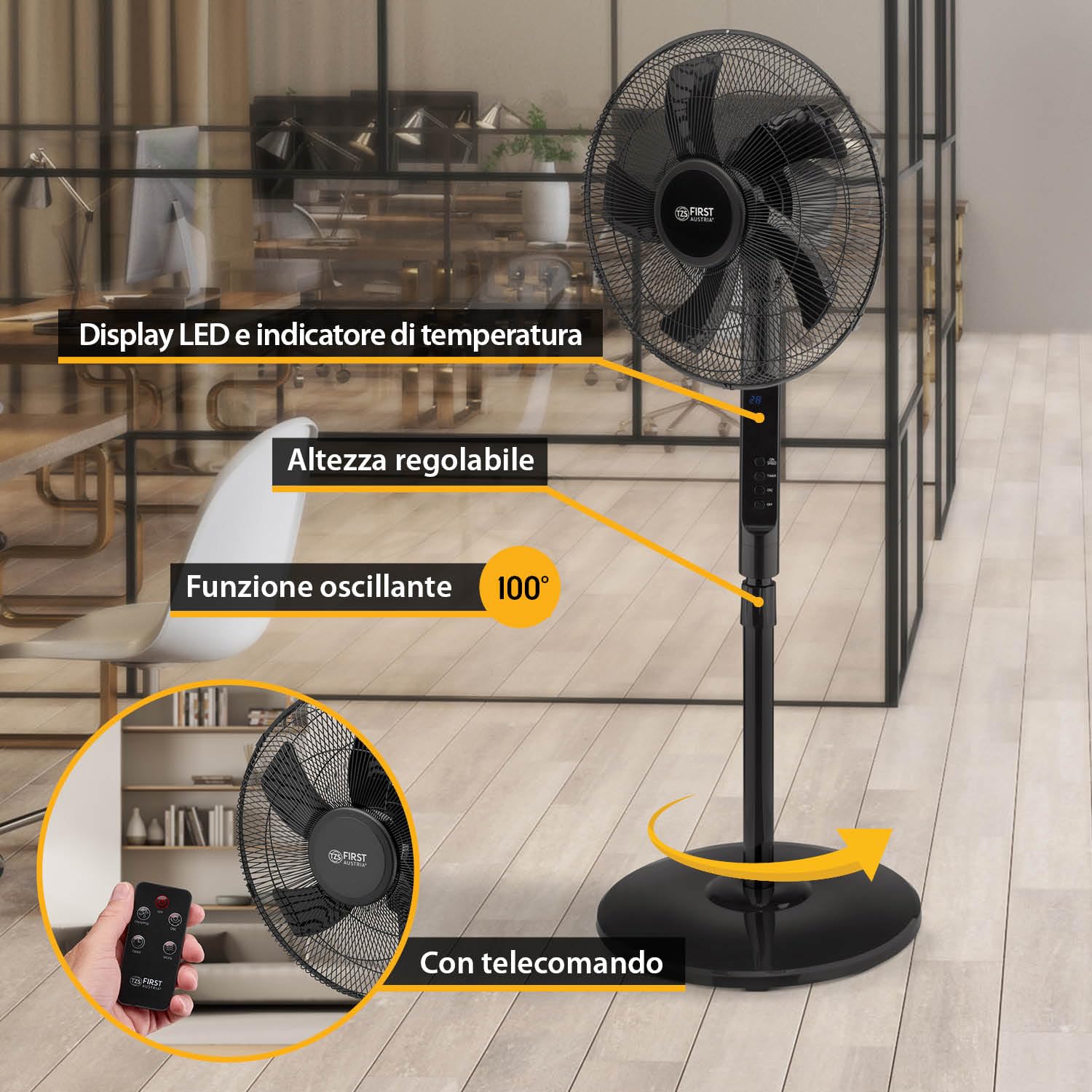 TZS First Austria - Ventilatore a piantana Ø400 mm - 45 W, 3 modalità, oscillazione 100° - Pulsanti, telecomando, timer 1-12 h - 54 dB(A) - nero