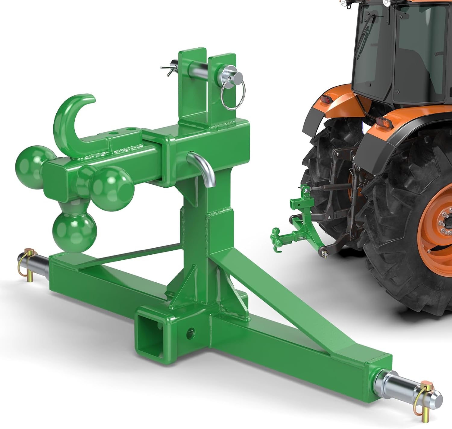Green 3 Point Quick Hitch Dual 2” Receiver with Trailer Ball Hitch and Hook, 3 Point Trailer Hitch for Standard/5th Wheel/Goose Neck Connections, 3 Pt Hitch Farm Equipment and Subcompact Trailer Hitch