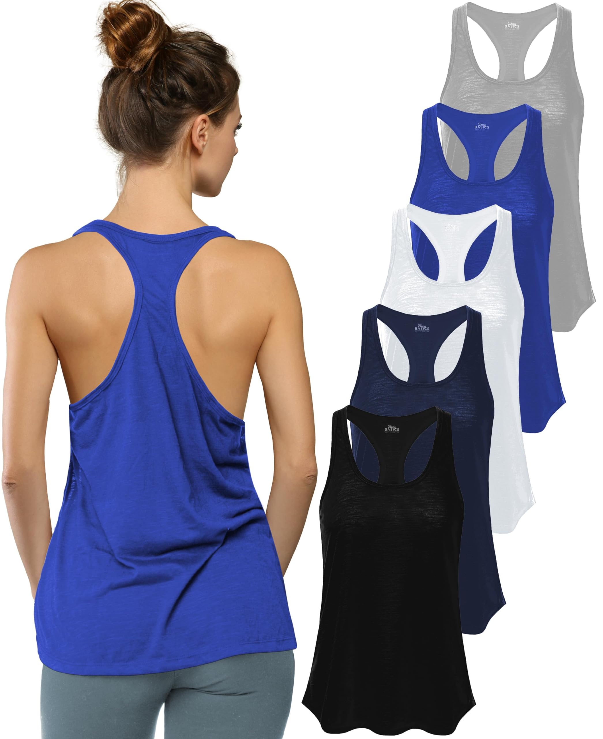 Women's 5 Pack Everyday Flowy Burnout Racer Back Active Workout Tank Tops
