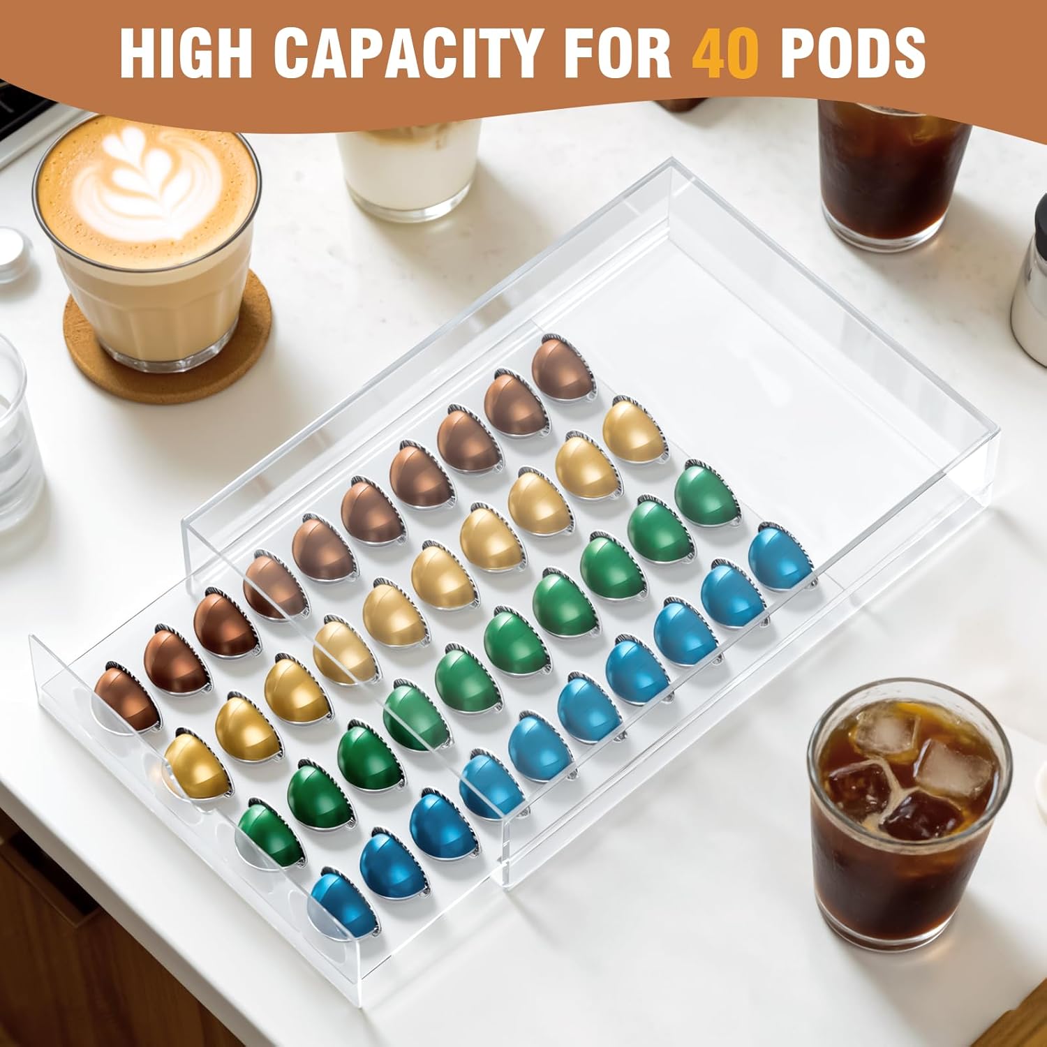 Jumyee Acrylic Coffee Pod Drawer for Nespresso Vertuo Pod Holder, Clear Coffee Capsule Organizer Storage Drawer for Counter 40 Pods